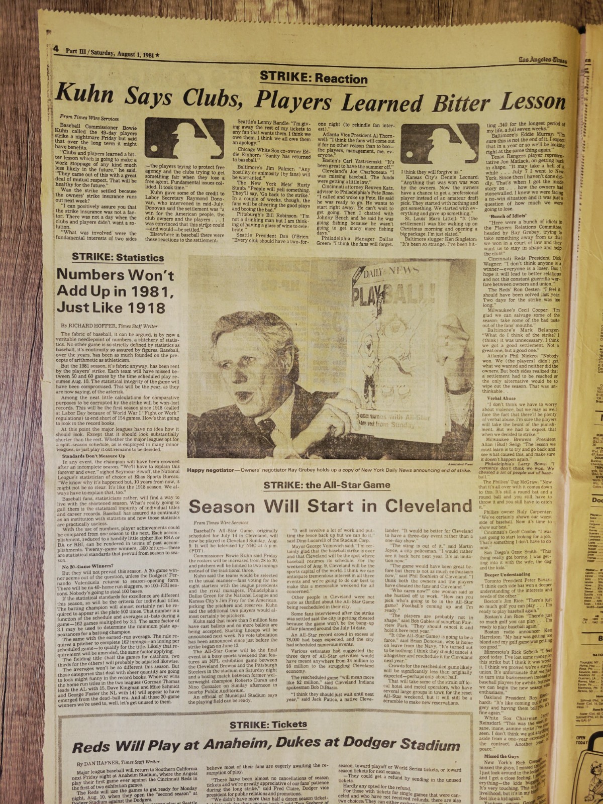 1981 Aug 1: LA Times Sports MLB Baseball Players Union Strike Ends At 50-Days!
