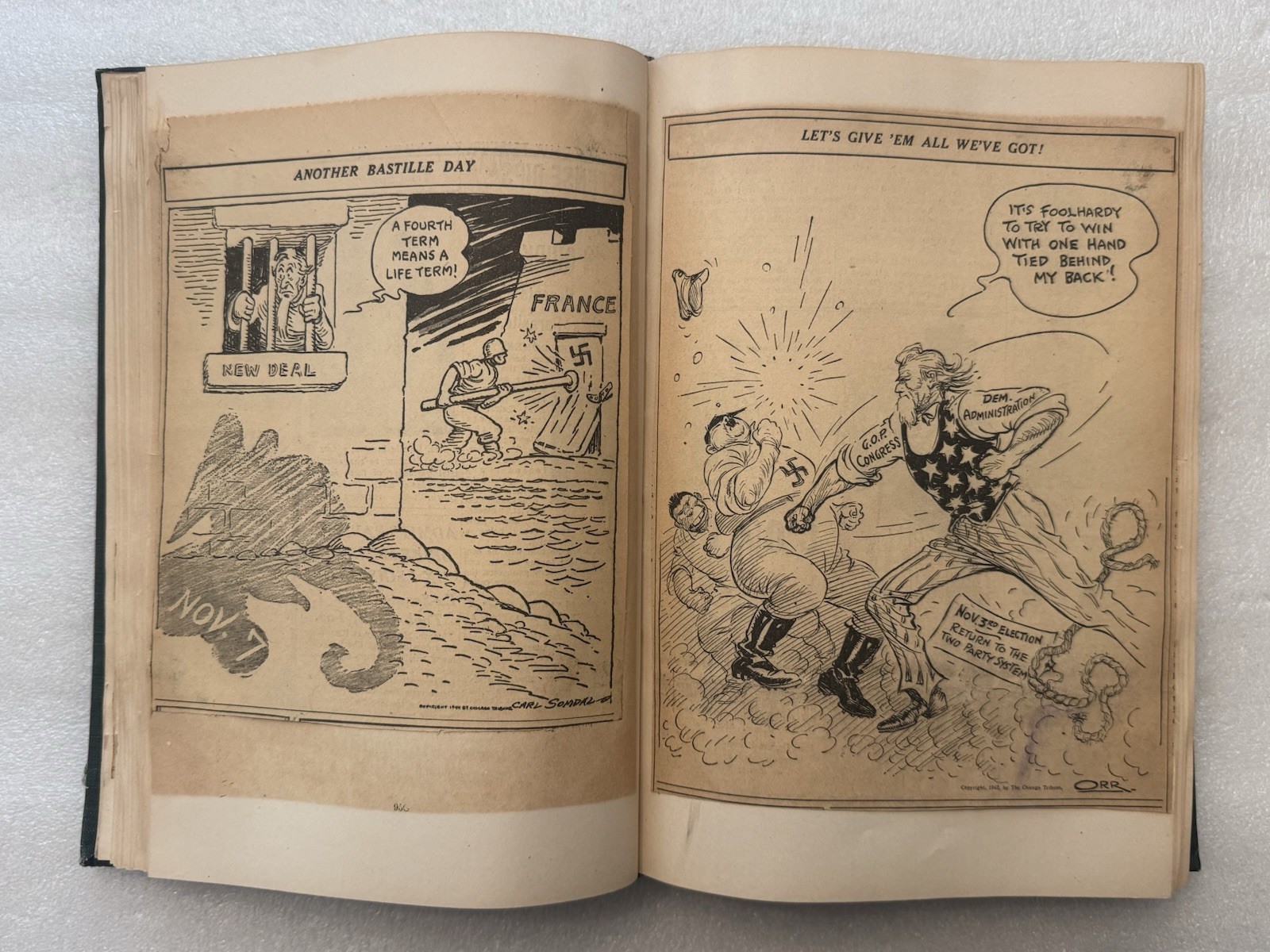 1944-1946 WW2 Newspaper Scrapbook Chicago Tribune Political Cartoon Hand Colored