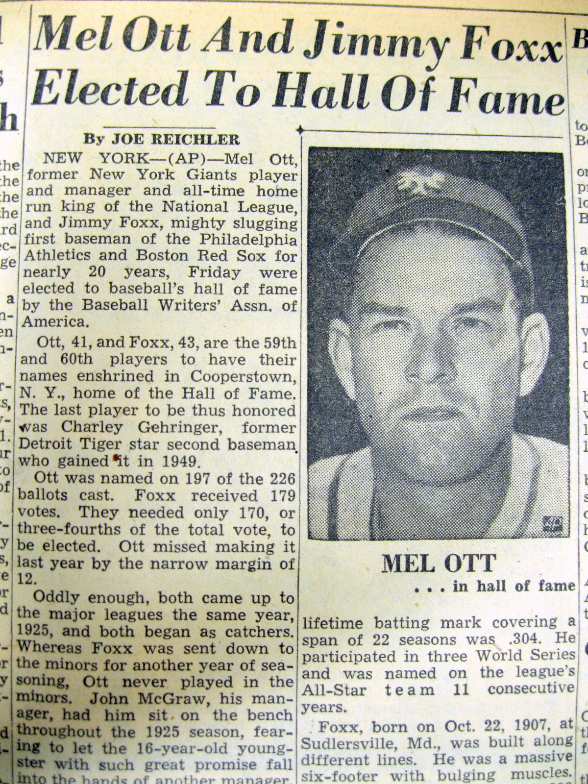 1951 newspaper MEL OTT & JIMMY FOXX elected to BASEBALL HALL OF FAME Cooperstown