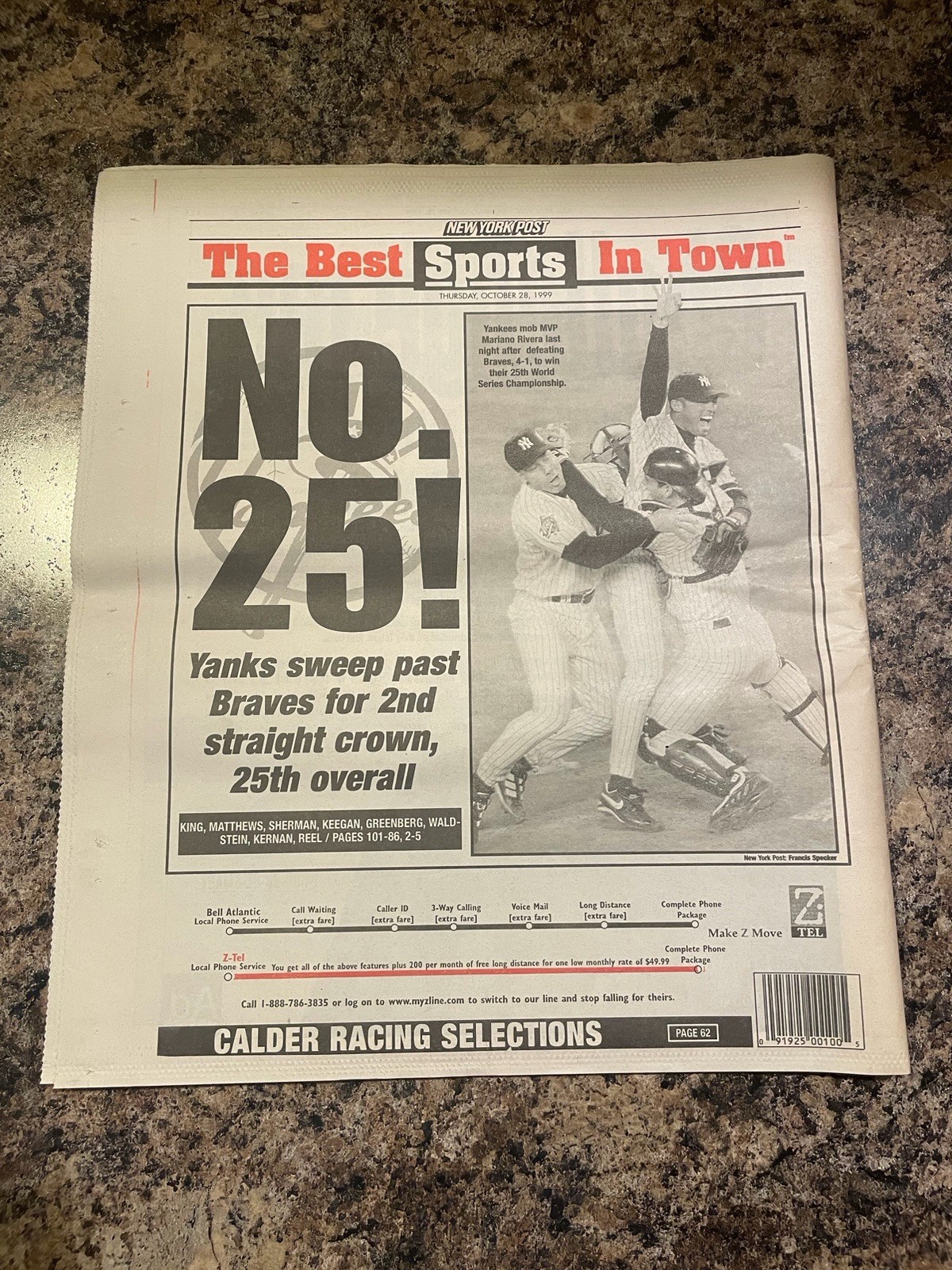 1999 New York Yankees World Series Champions Baseball Newspaper