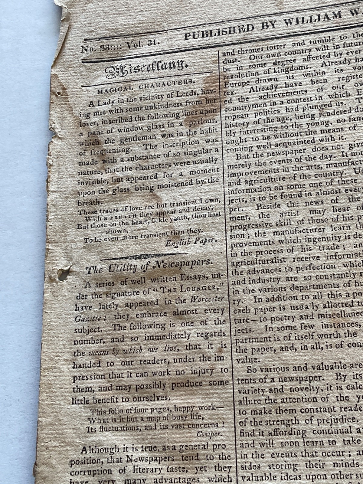 NAPOLEON AT ST HELENA ISLAND NEWSPAPER COMPLETE NORTH HAMPTON MASS 1815 PUBLICL