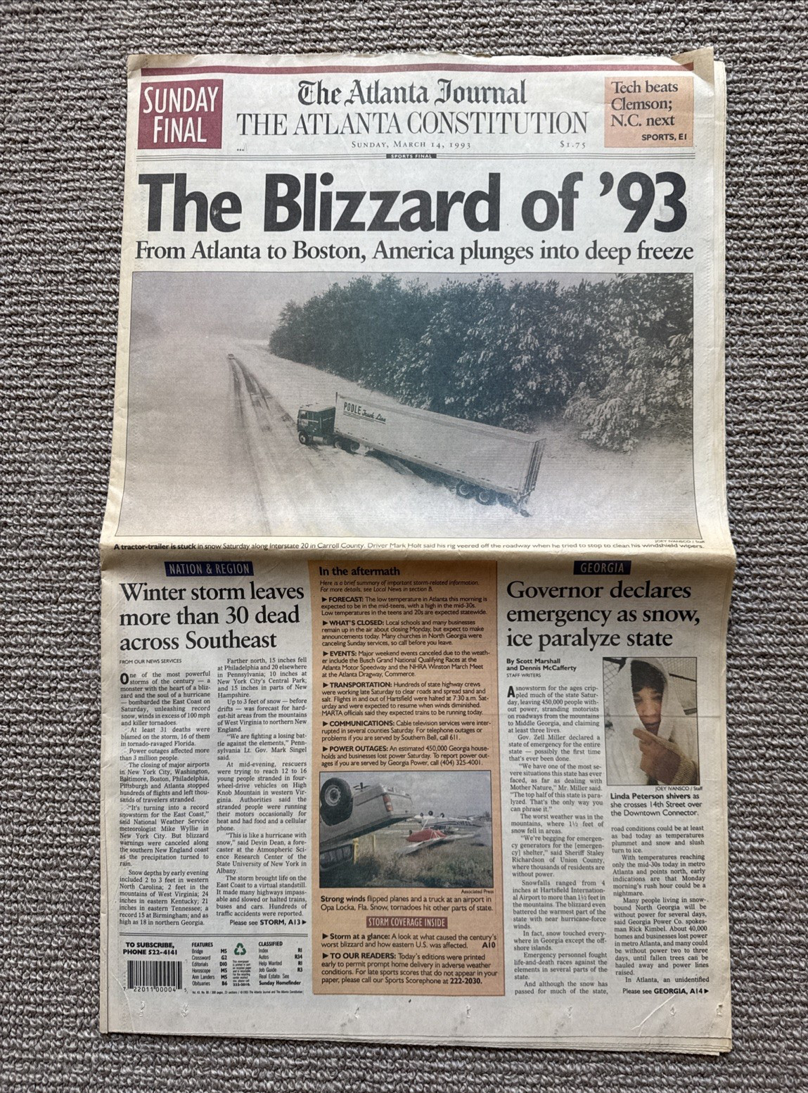 Blizzard of ’93 Atlanta Journal Constitution Newspaper Mar 14, 1993