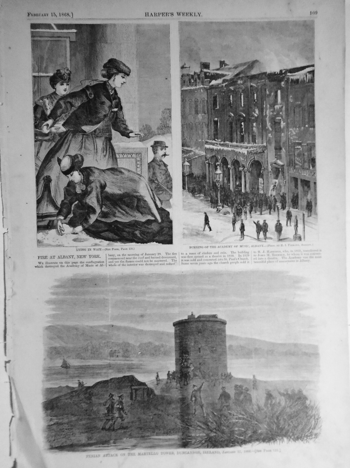 Burning Of The Academy Of Music, Albany / Fenian Attack .. Harper’s Weekly 1868