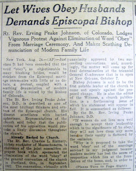 1925 newspaper Religion Says WIVES MUST OBEY YOUR HUSBANDS 4 BEST MARRIAGE BLISS