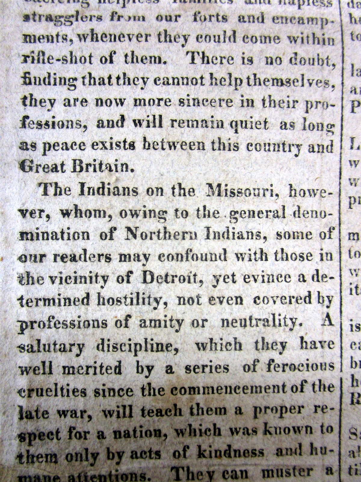 1815 newspaper with ESSAY calling NATIVE AMERICAN INDIANS BLOODTHIRSTY SAVAGES