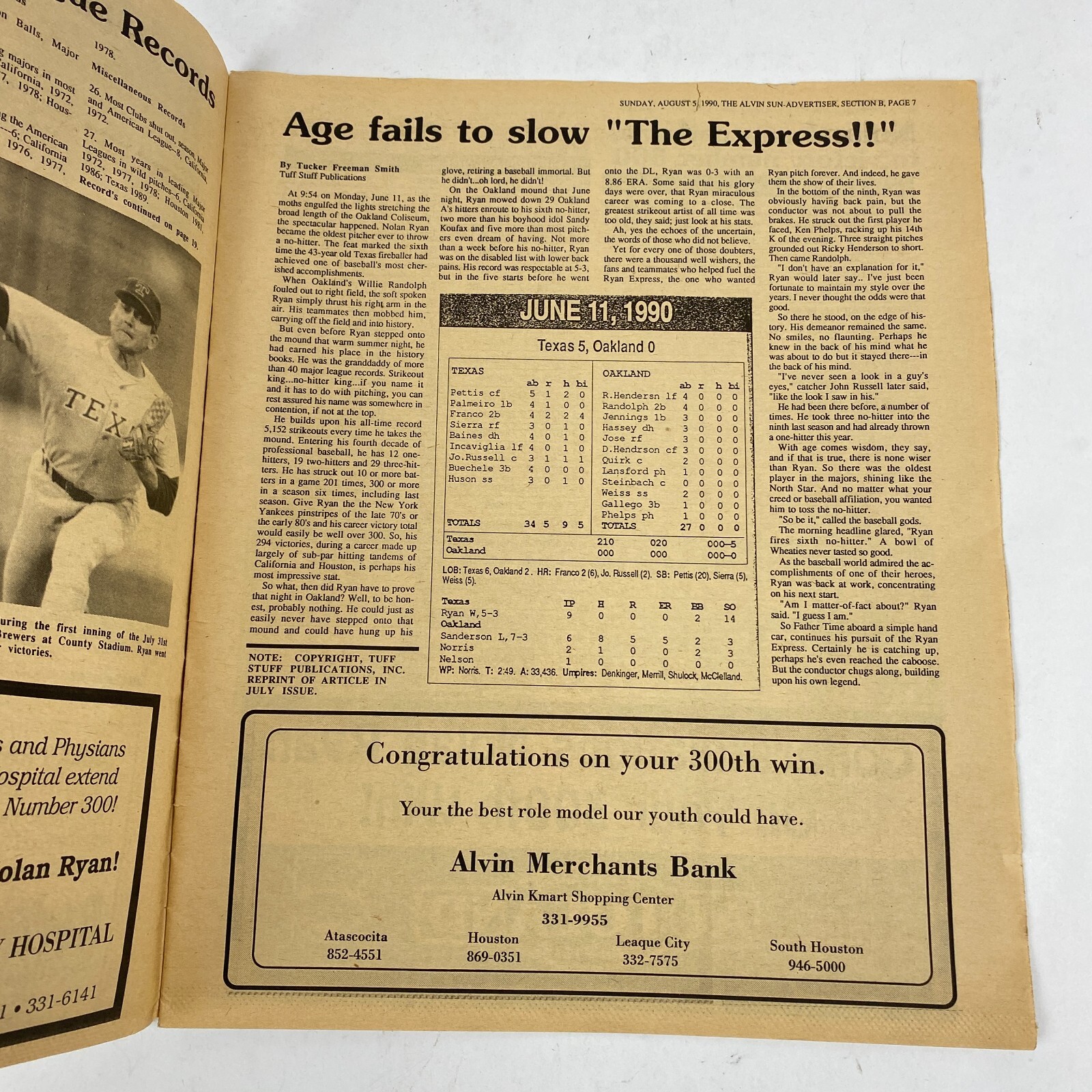 Alvin Sun Advertiser Newspaper Nolan Ryan Baseball Commemorative Edition 1990