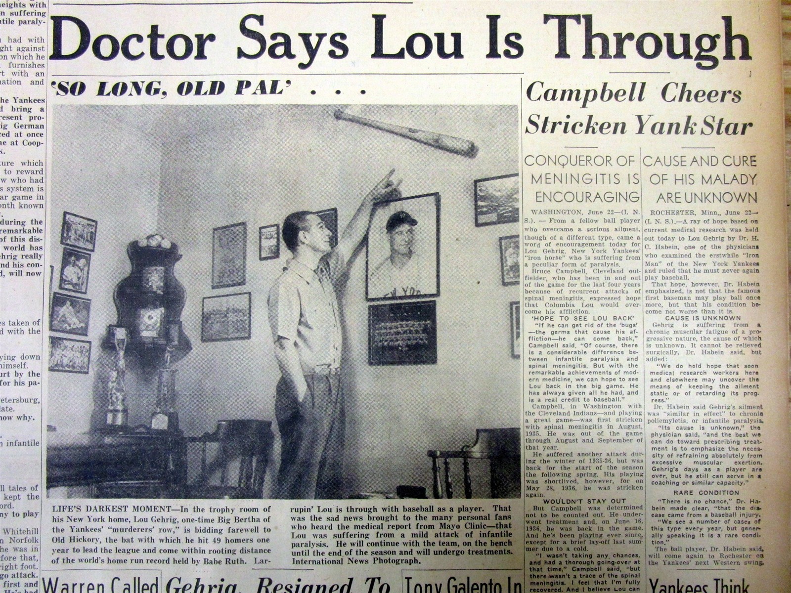 1939 display newspaper LOU GEHRIG DIAGNOSED WITH FATAL DISEASE & QUITS BASEBALL