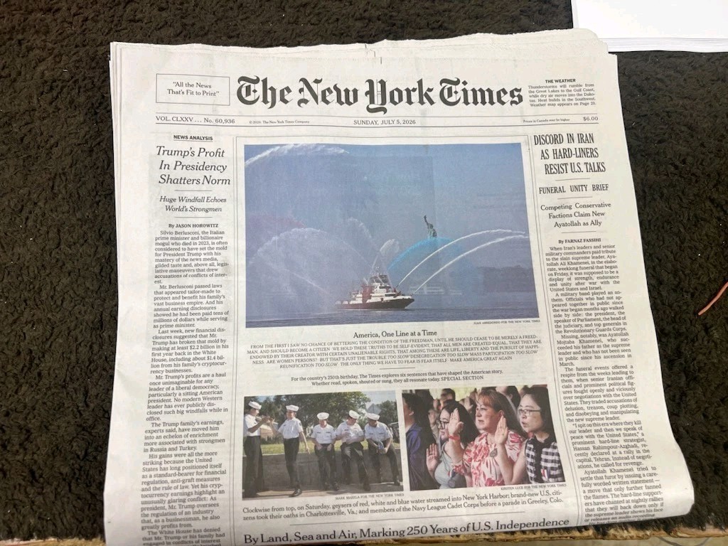 THE NEW YORK TIMES – SUNDAY JULY 5, 2026 (USA 250TH ANNIVERSARY -MOUNT RUSHMORE)
