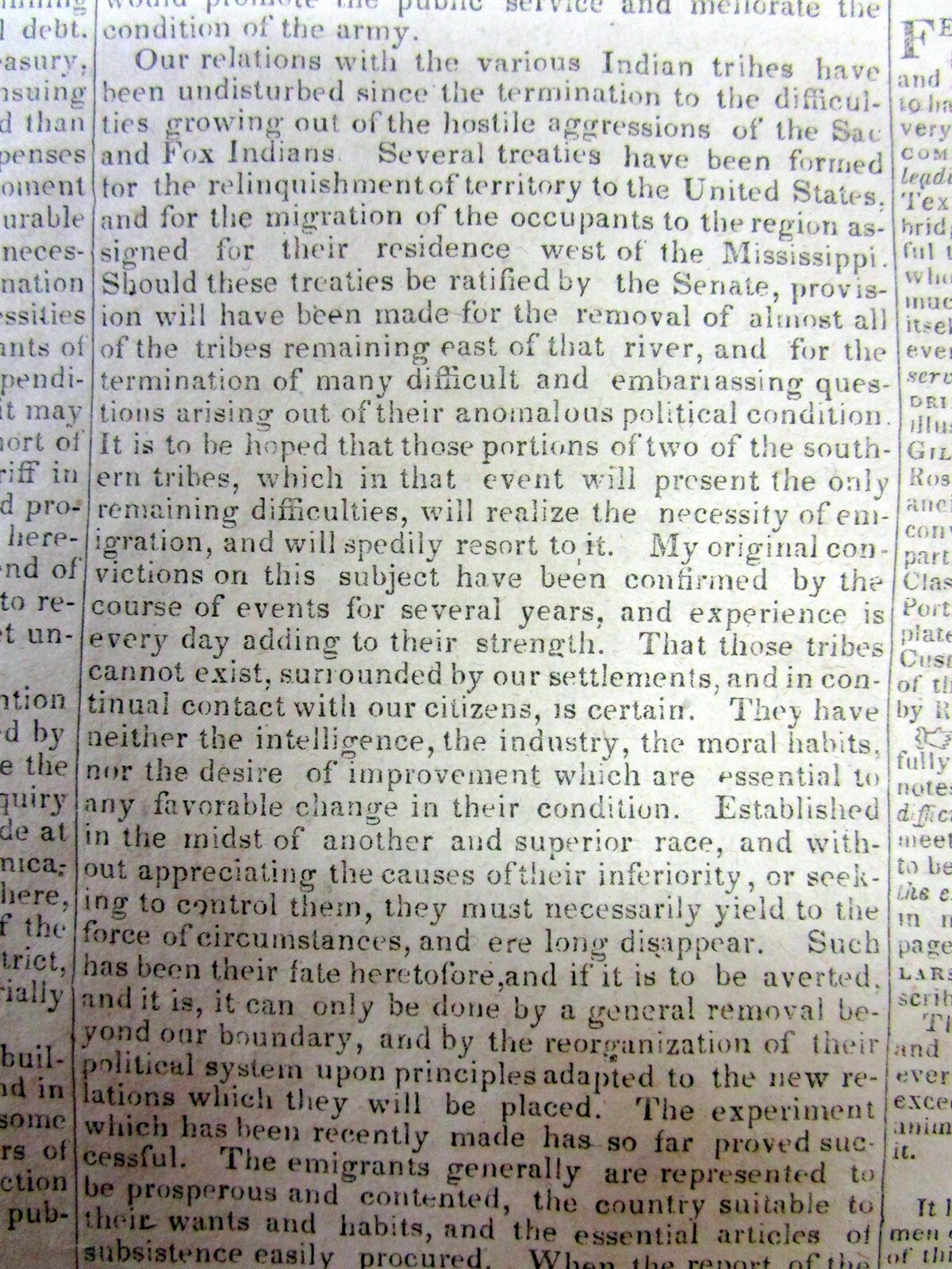 1833 newspaper w ANDREW JACKSON SPEECH on Indian Removal Policy TRAIL OF TEARS