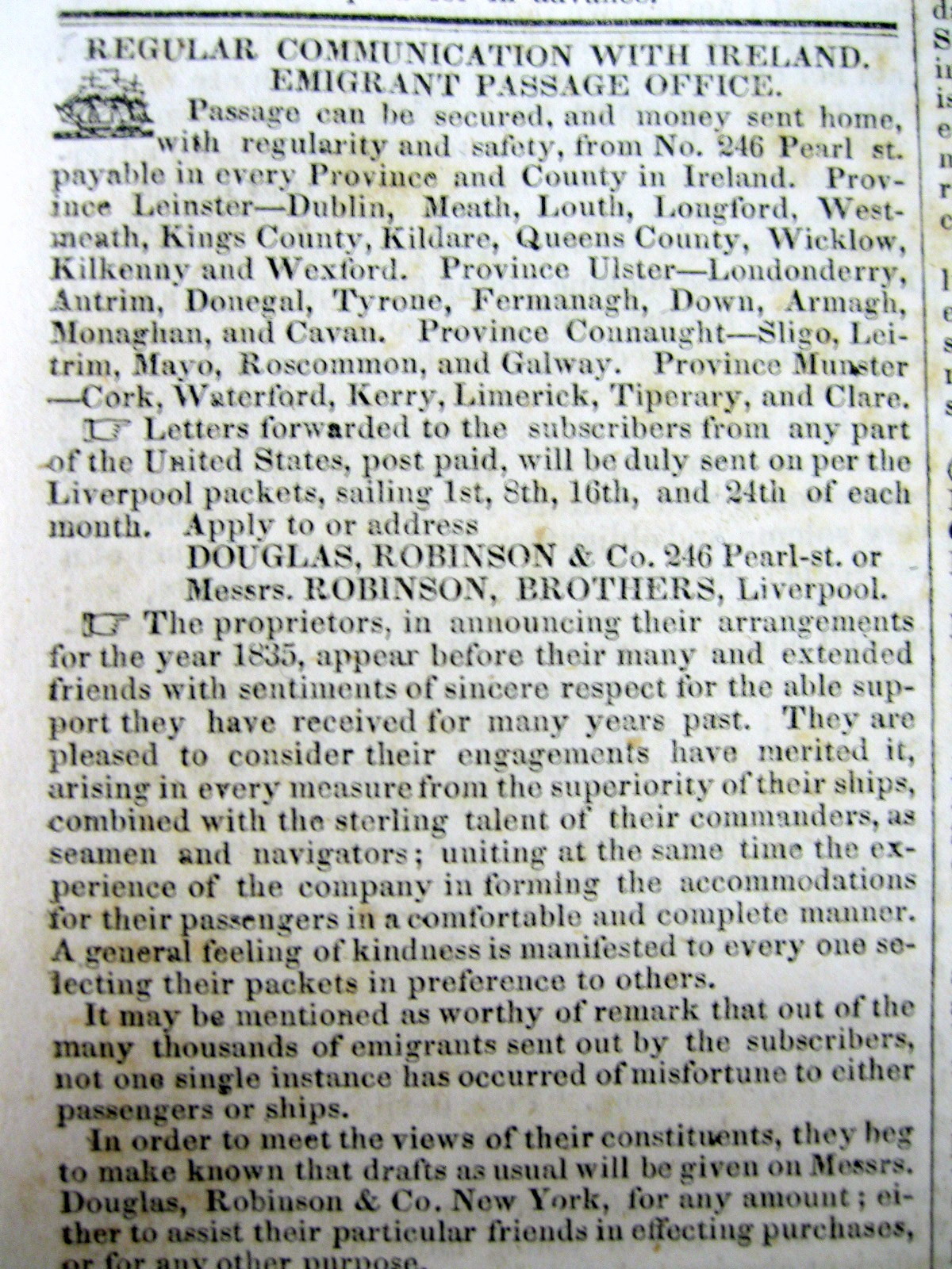 1835 newspaper w front page AD for IMMIGRATION from IRELAND to the UNITED STATES