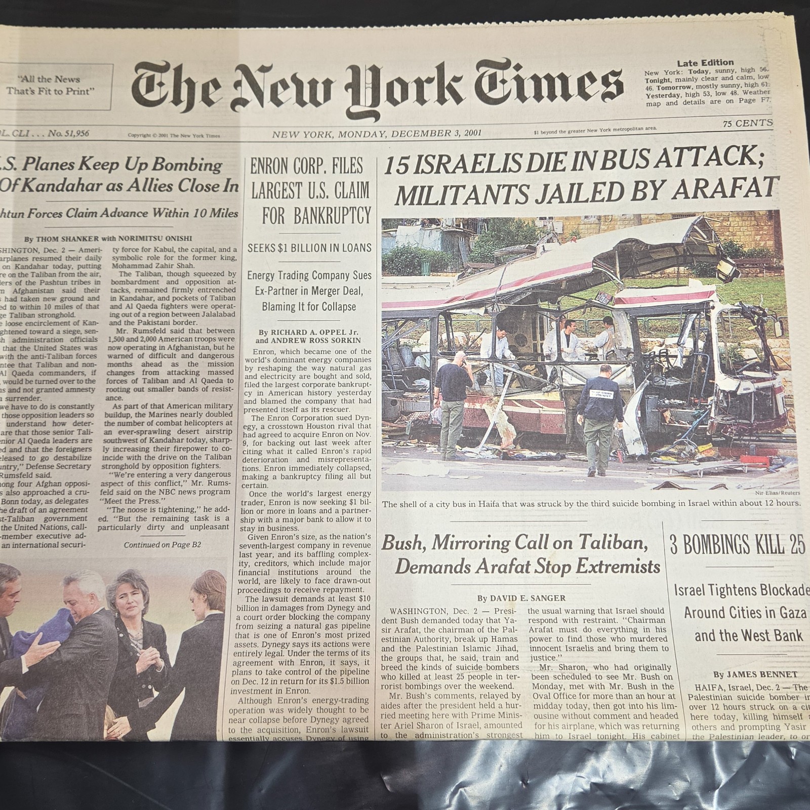 The New York Times December 3 2001 Newspaper Enron Bankruptcy Israel Attack