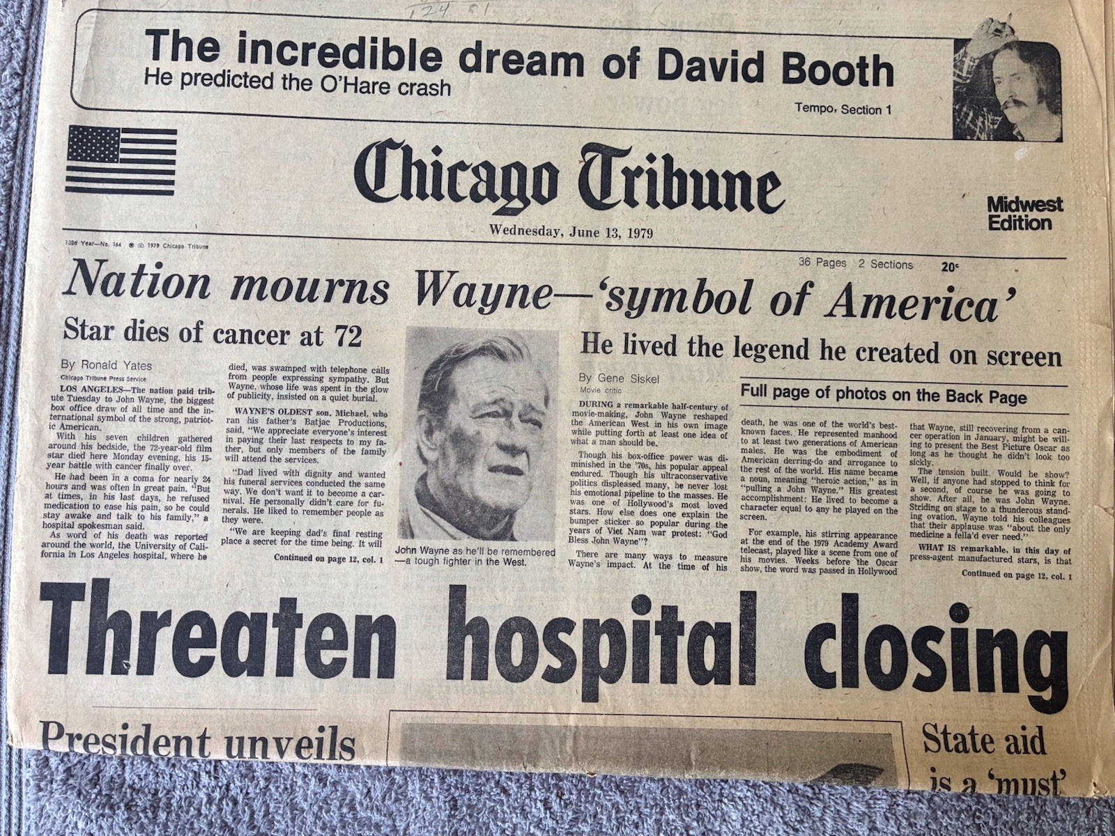 2~SECTIONS OF CHICAGO TRIBUNE NEWSPAPER RE: DEATH OF “THE DUKE” JOHN WAYNE~1979