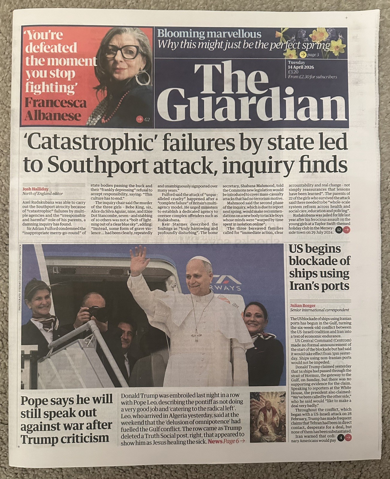 The Guardian 14th April 2026 14/4/26 Trump Criticises Pope & Francesca Albanese