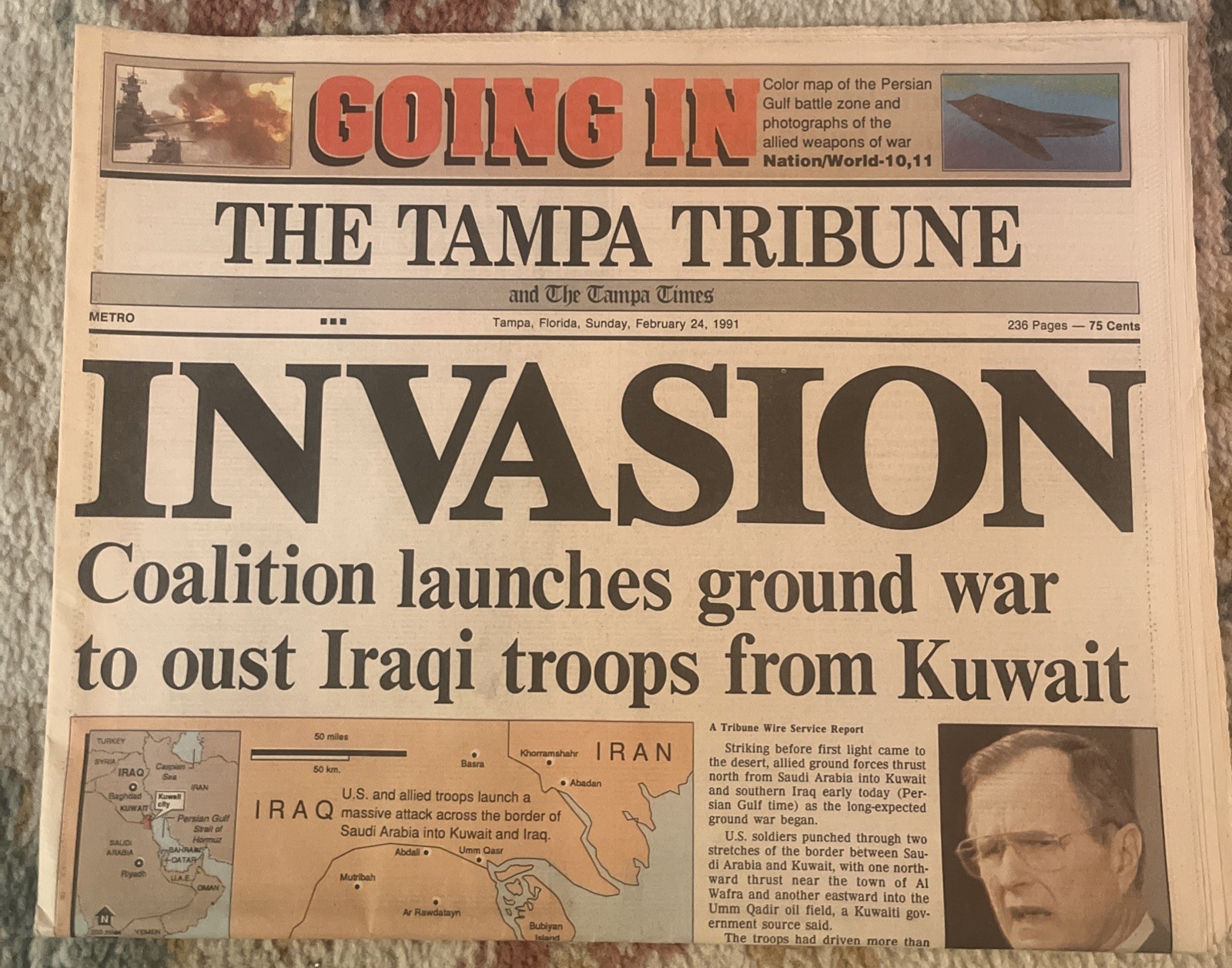 The Tampa Tribune 2/24/1991 Nation World Section Color Map Persian Gulf Battle
