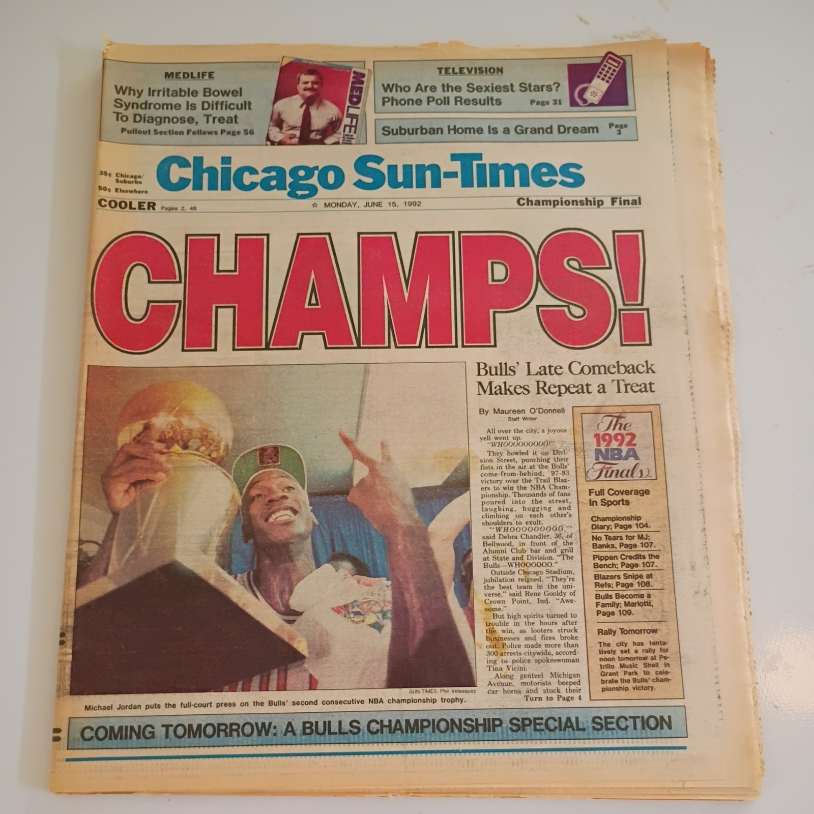 Jordan 1992 Chicago Sun-Times, World Champs. 2nd Time Chicago Bulls.