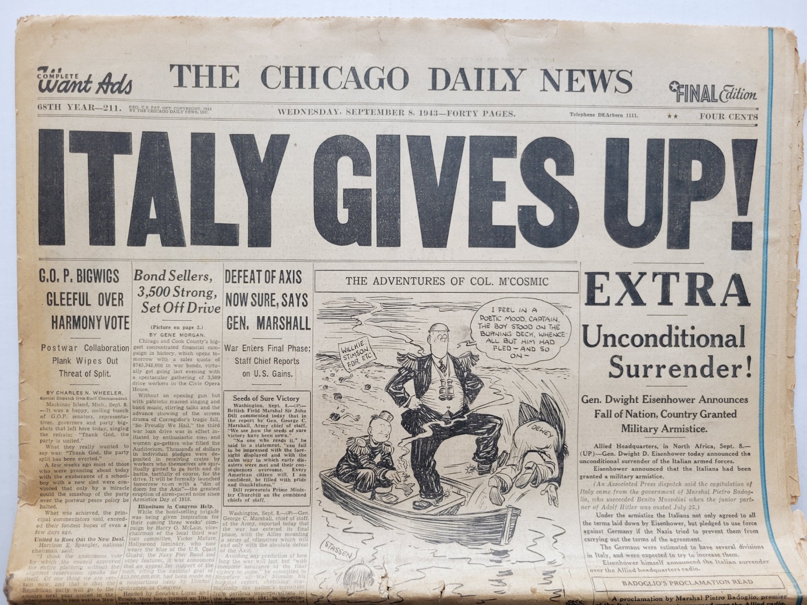 1943 Sep 8: World War II ITALY GIVES UP Chicago Daily News + ORSON Weds HAYWORTH
