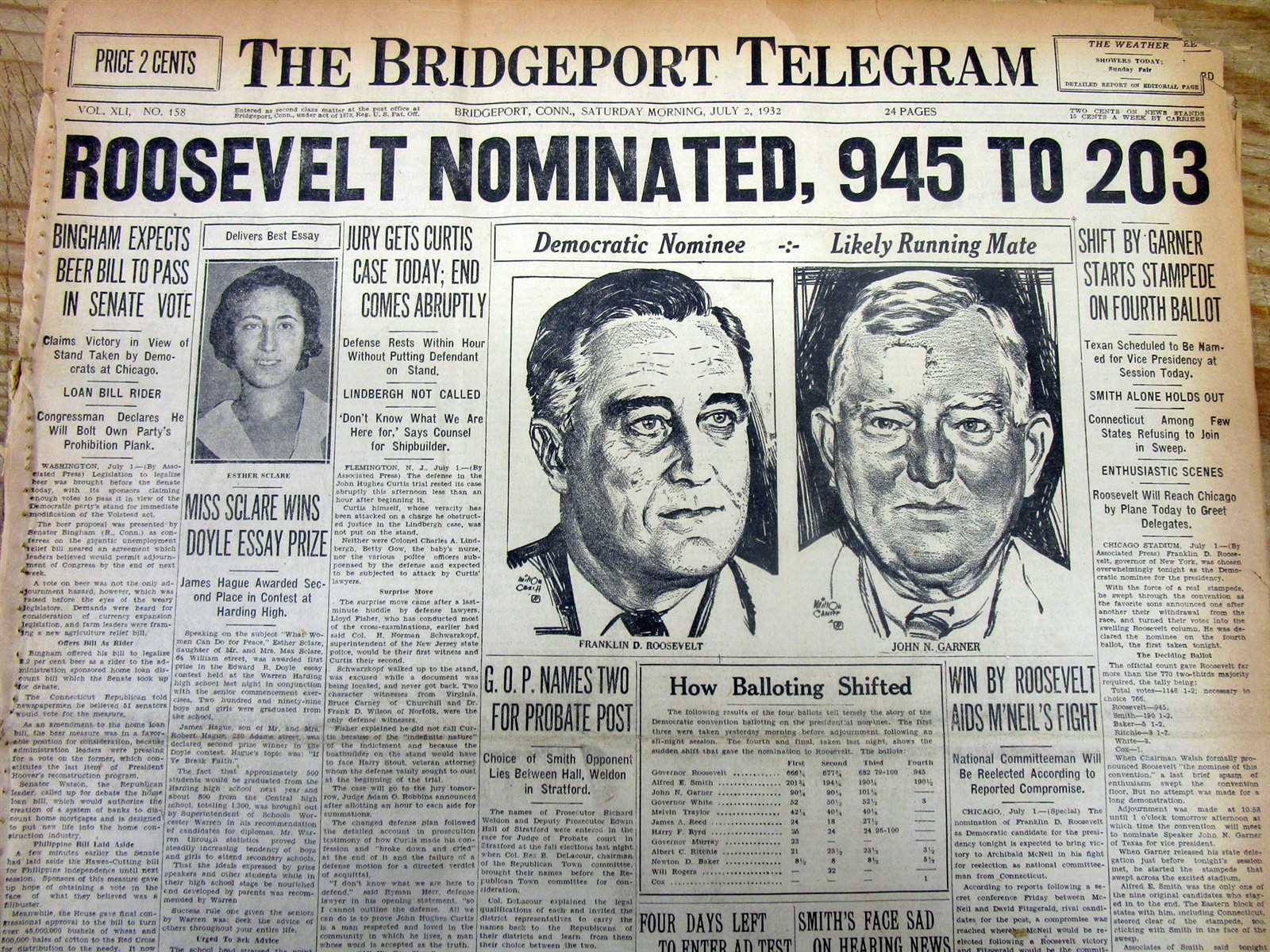 2 1932 headline newspapers DEMOCRATS NOMINATE FRANKLIN D ROOSEVELT for PRESIDENT