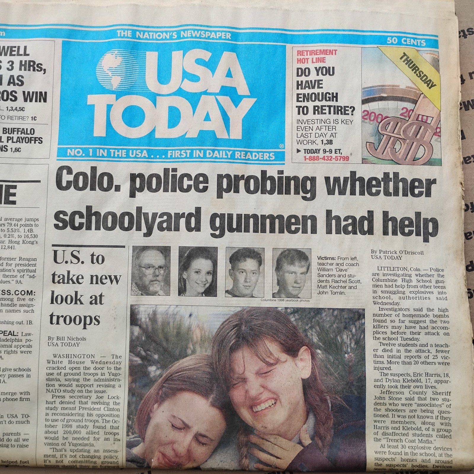 Vtg 4-22-99 USA Today Columbine High School Coverage Newspaper *Little Wtr Dmg*