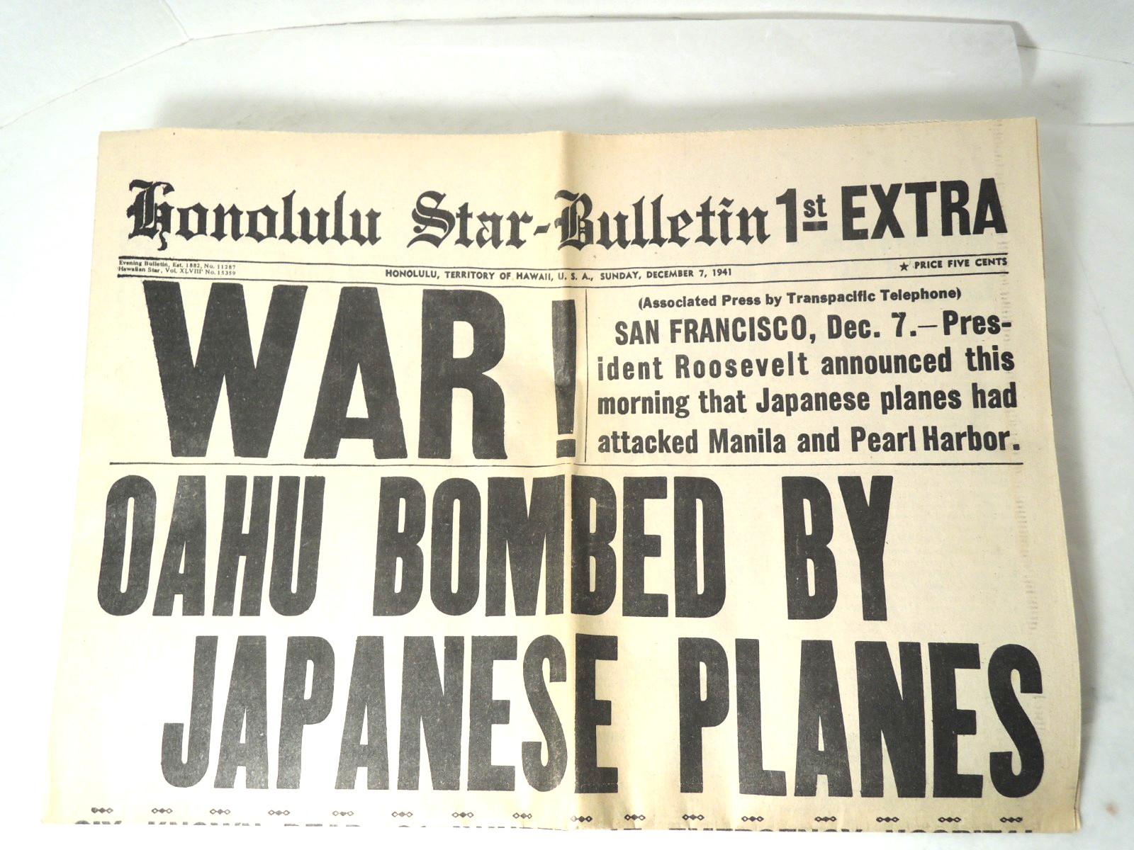 Honolulu Star Bulletin Japan Bombs Hawaii Reprint of 1st Extra Newspaper