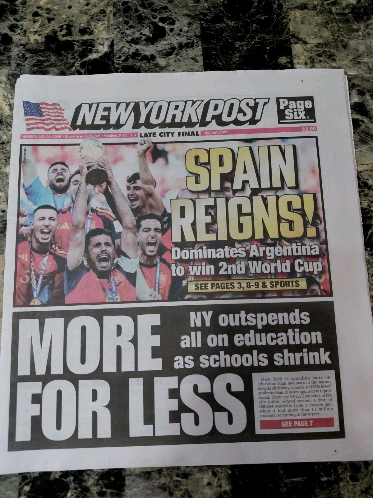 Spain Wins/ 7/20/26 Daily News Y NEW York Post -2 Newspapers Spain Wins