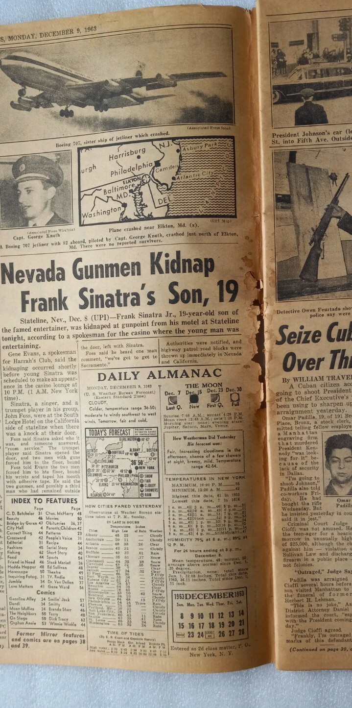 FRANK SINATRA JR KIDNAPPED December 9 1963 New York Daily News NY Newspaper