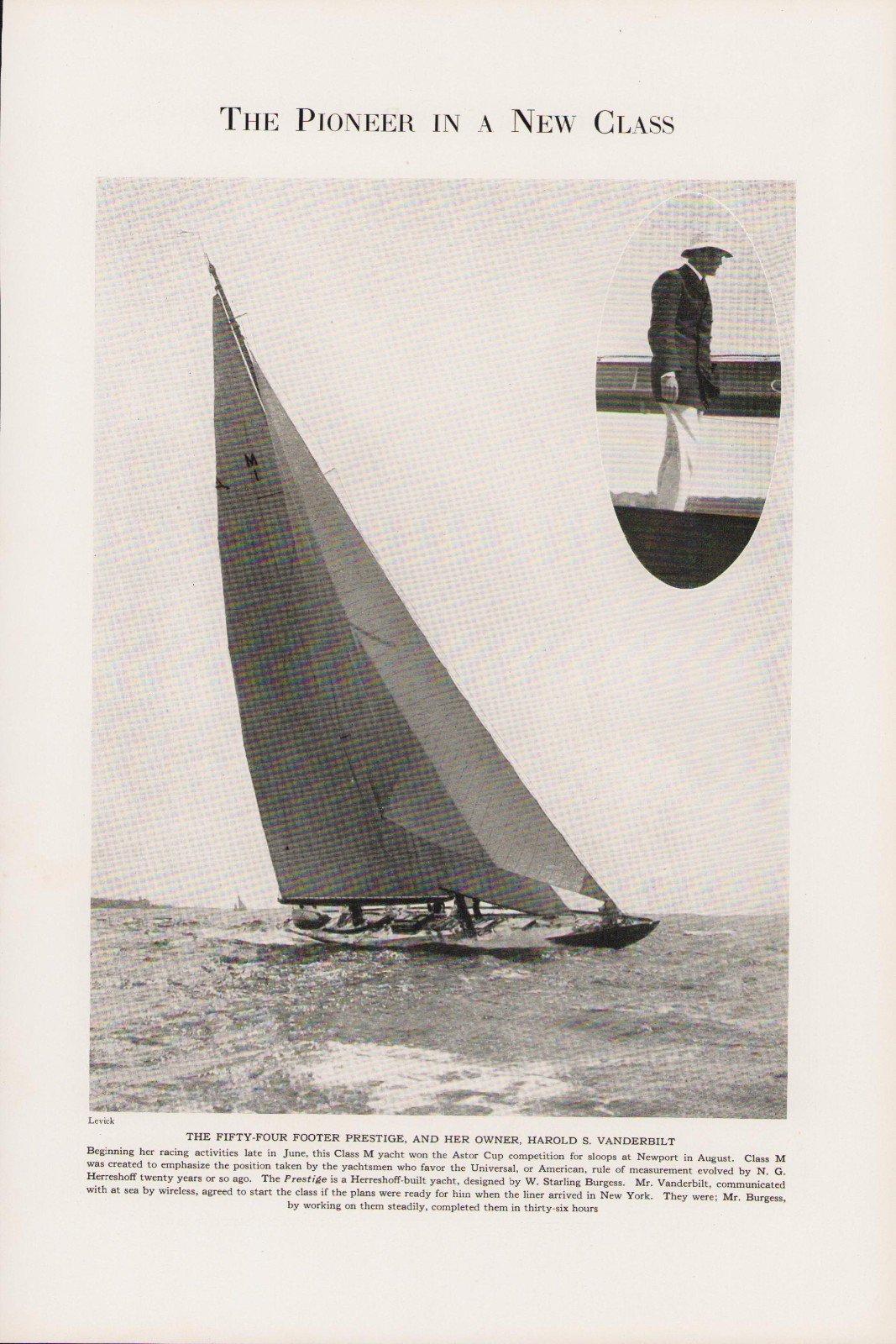 Harold S. Vanderbilt Class M Sloop Prestige Herreshoff Built Photo Levick 1927