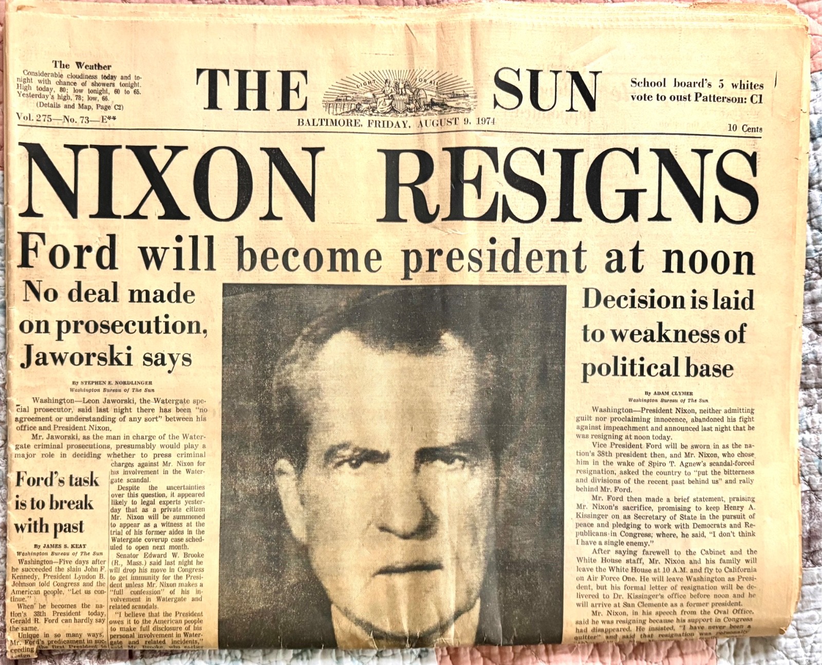 1974 AUGUST 9 The Baltimore Sun Newspaper – RICHARD NIXON RESIGNS