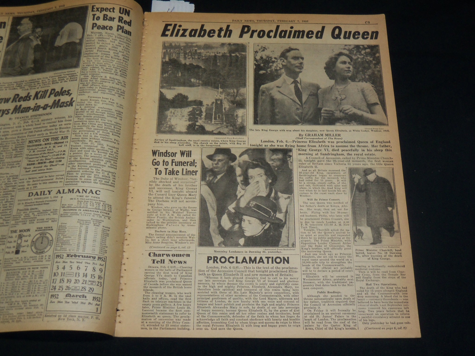 1952 FEBRUARY 7 NEW YORK DAILY NEWS – ELIZABETH FLIES HOME AS QUEEN – NP 5390