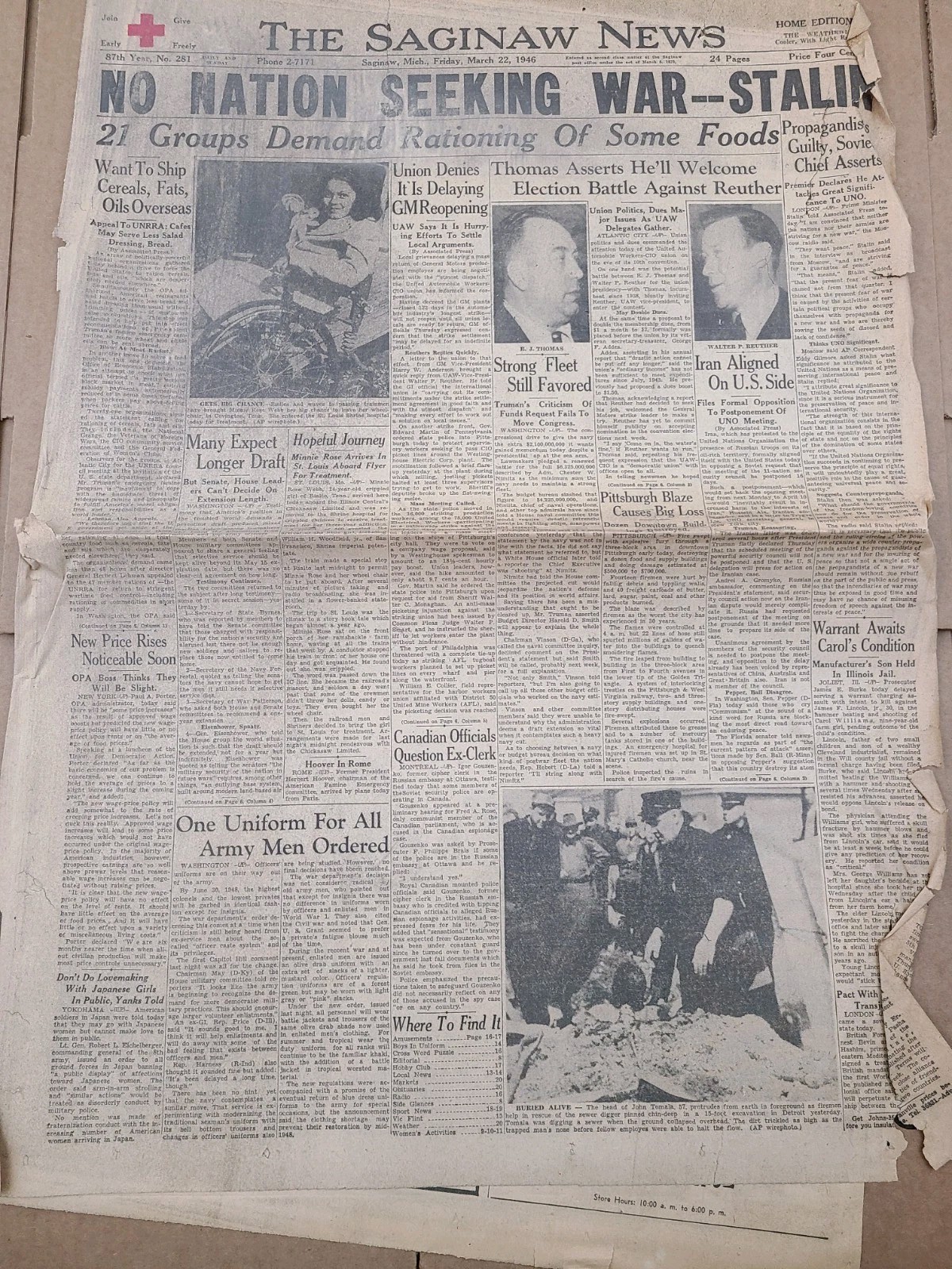No Nation Seeking War, Stalin Post World War II 1946 Saginaw Michigan Newspaper