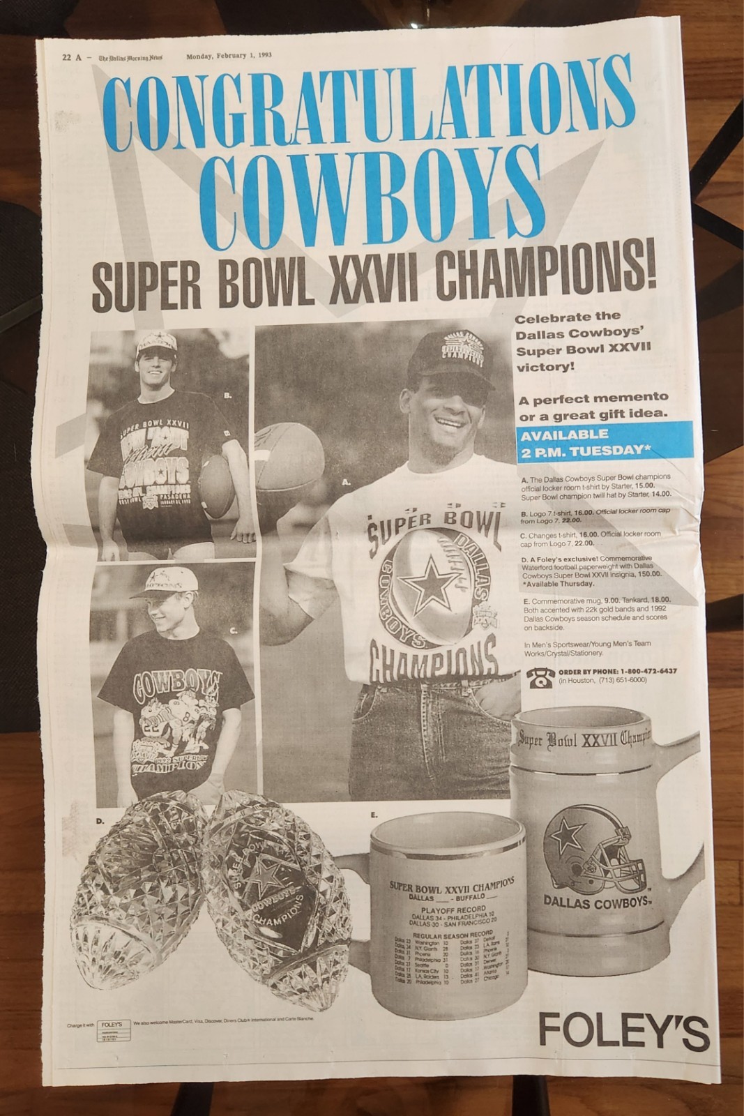 Dallas Morning News Cowboys Newspaper. Feb l, 1993 Super Bowl Champs-Blowout