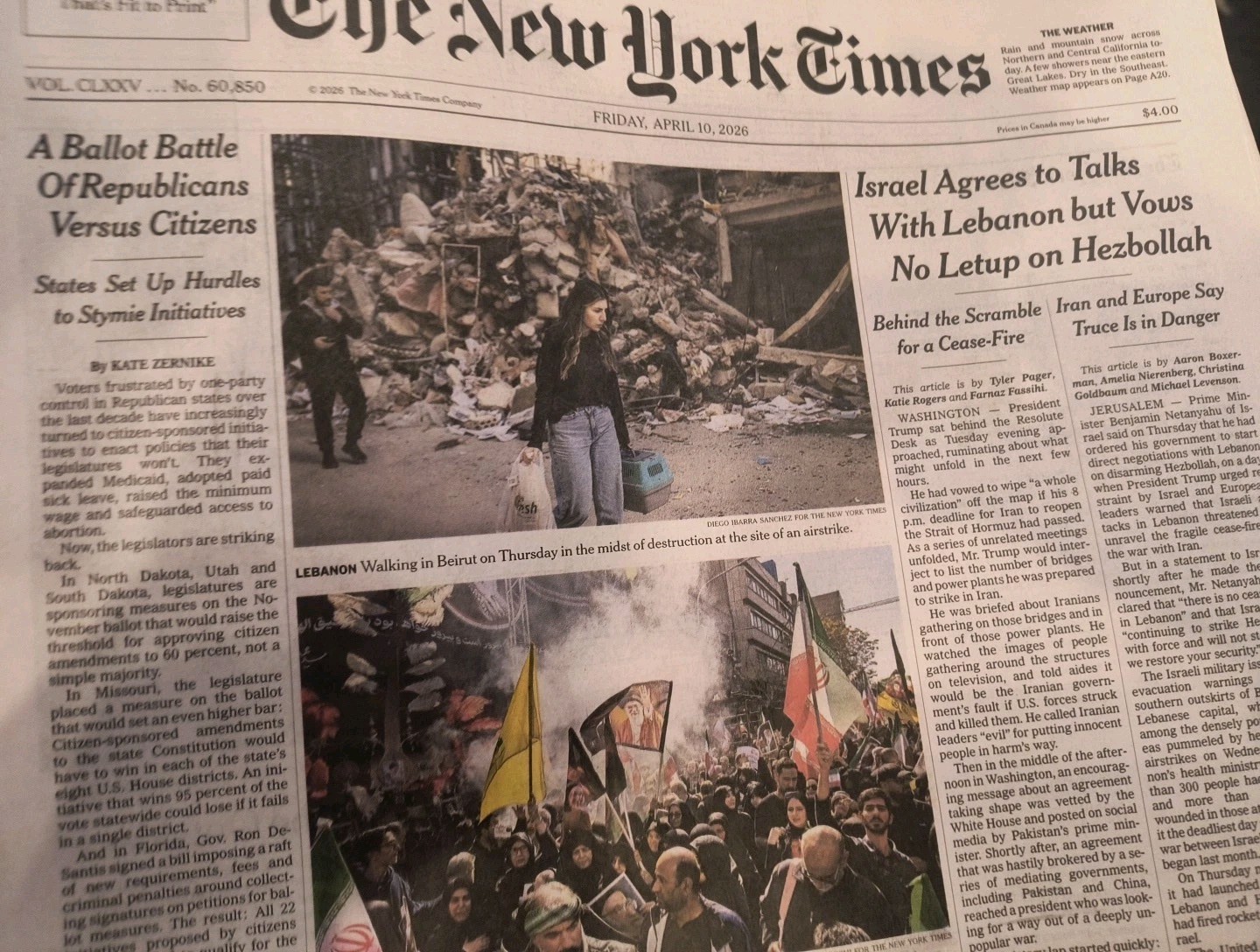 The New York Times Friday April 10 2026 Israel Agrees to Talks With Lebanon But