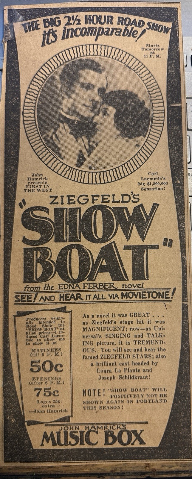 4/19/‘29 Portland Oregon newspaper Ziegfeld SHOW BOAT Universal Movie Ad