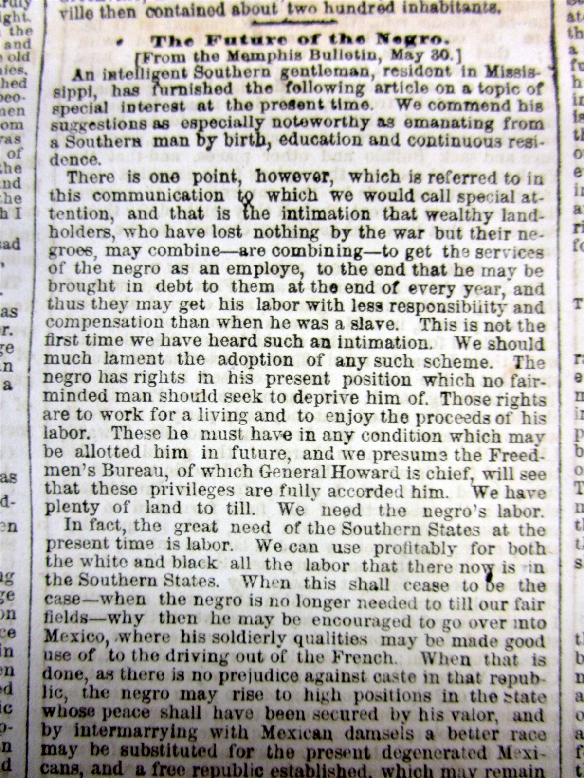1865 newspaper w FATE of the FREED NEGR0 SLAVES in TENNESSEE after the Civil War