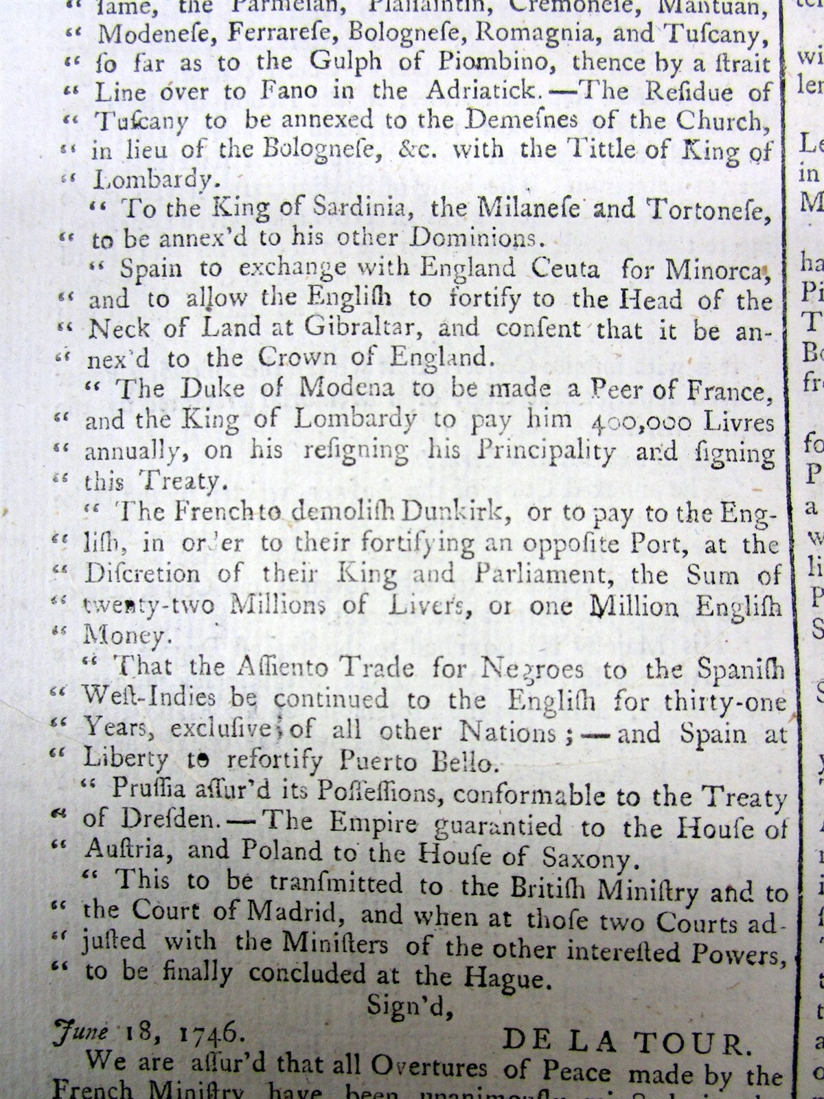 1746 newspaper w PEACE TERMS to END Early American Colonial War incl SLAVE TRADE