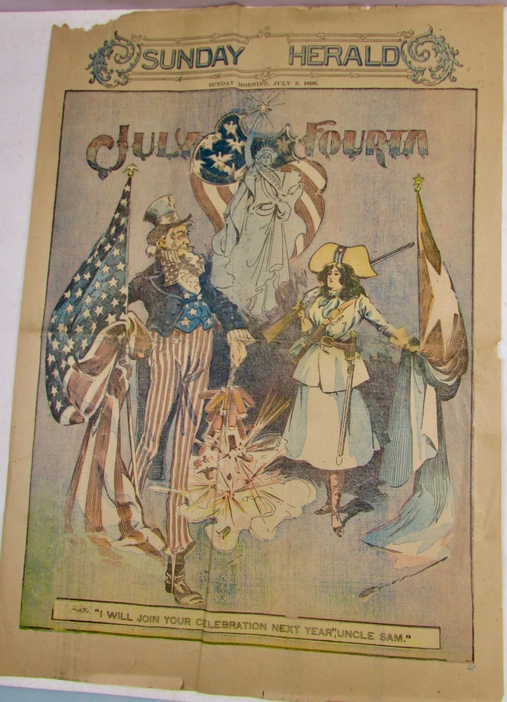 SUNDAY HERALD JULY 3 1898 JULY 4TH UNCLE SAM WITH CUBA COLOR 4 FULL PAGES