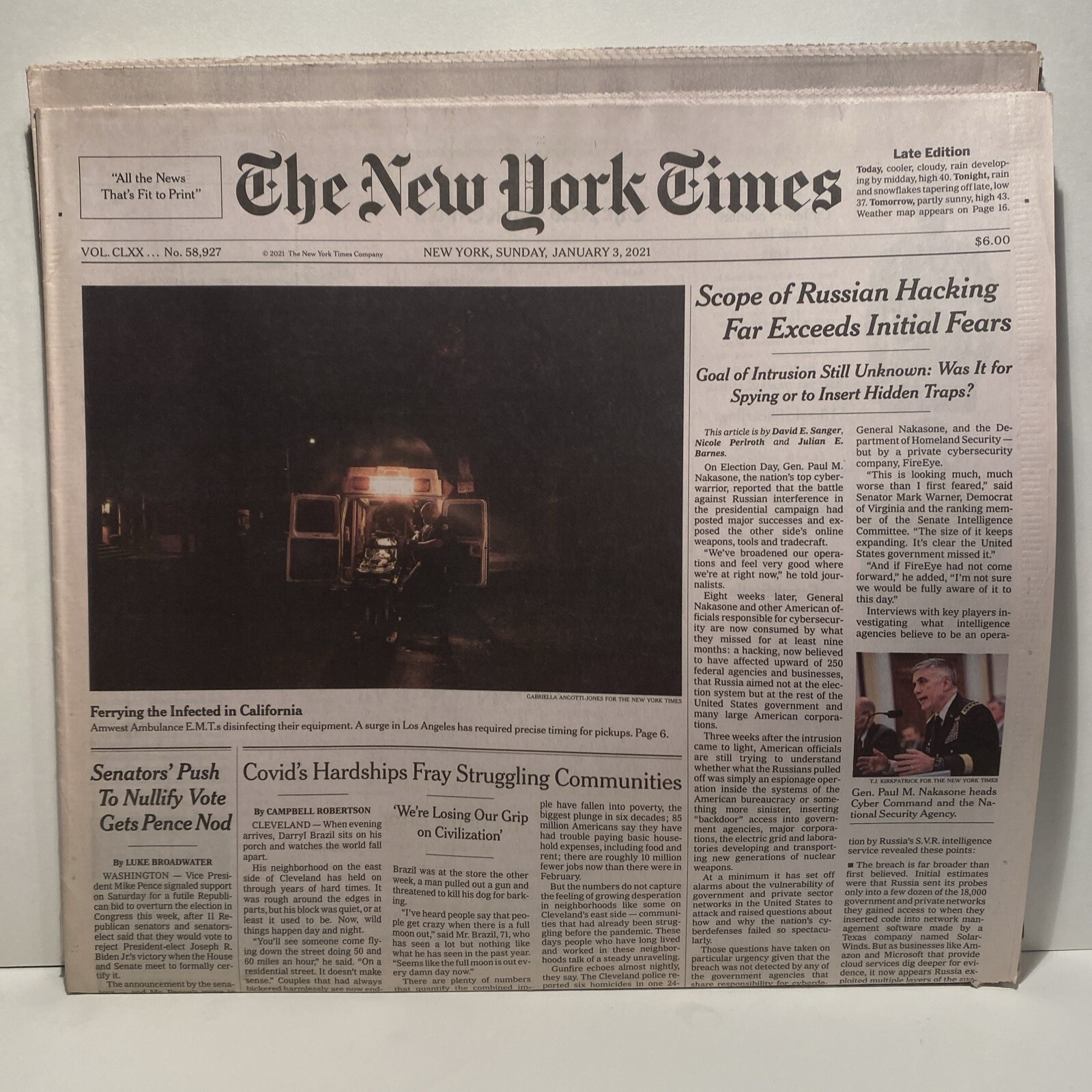 THE NEW YORK TIMES Sunday January 3, 2021 Newspaper. Scupe Of Russian Hacking…