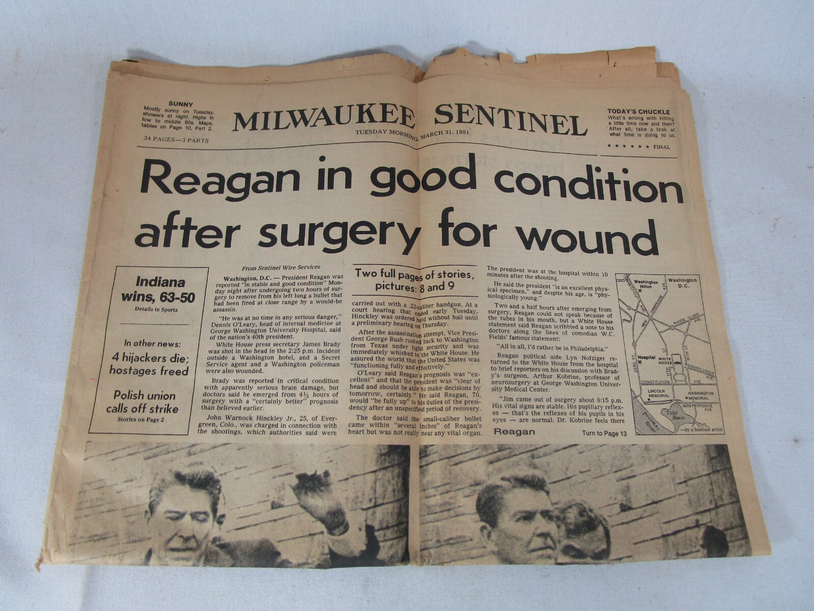 Newspaper Ronald Reagan Shot Day After Doing Fine Milwaukee Sentinel Mar 31 1981
