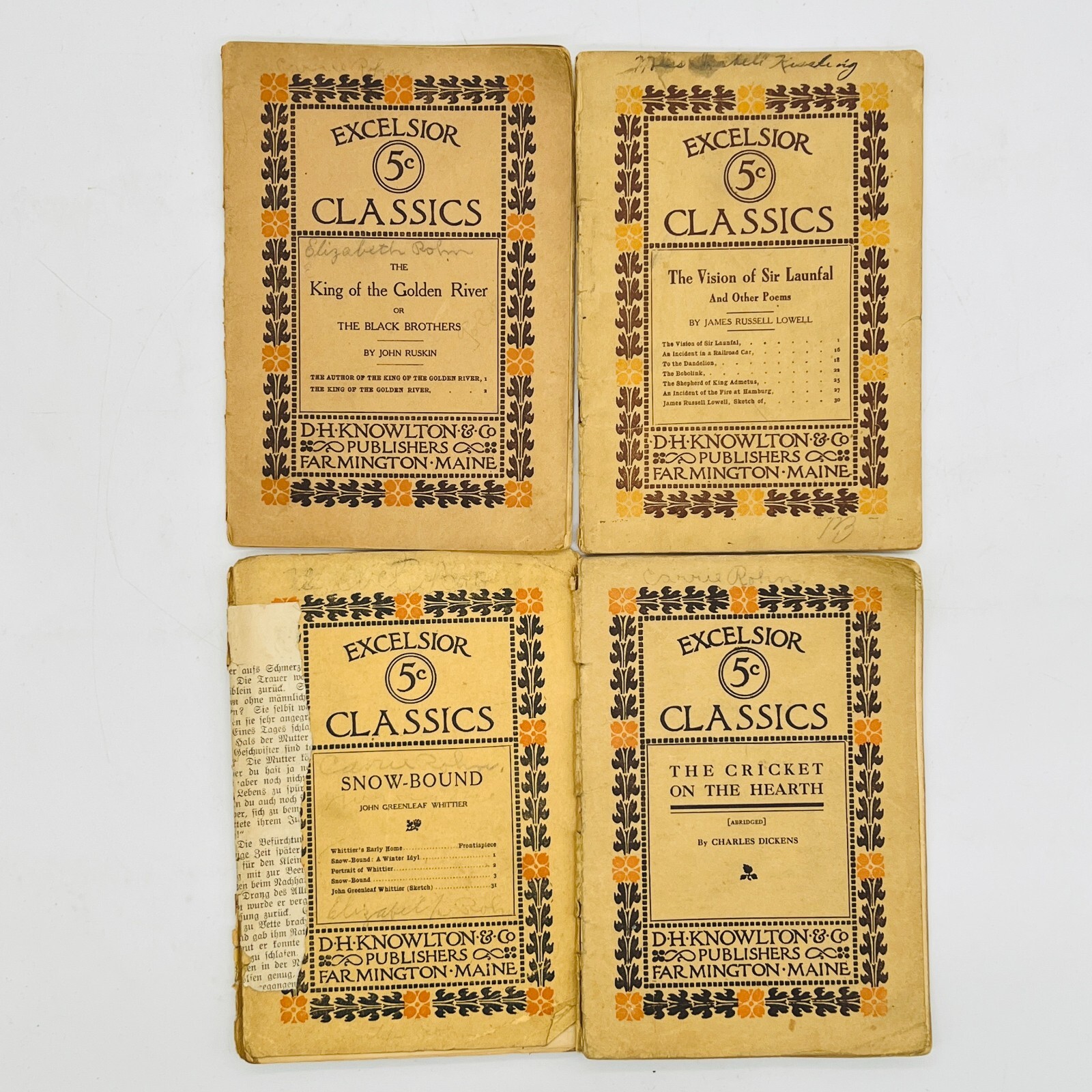 Excelsior Classics 5c Dickens Ruskin Lowell Whitter DH Knowlton LOT of 4 Antique