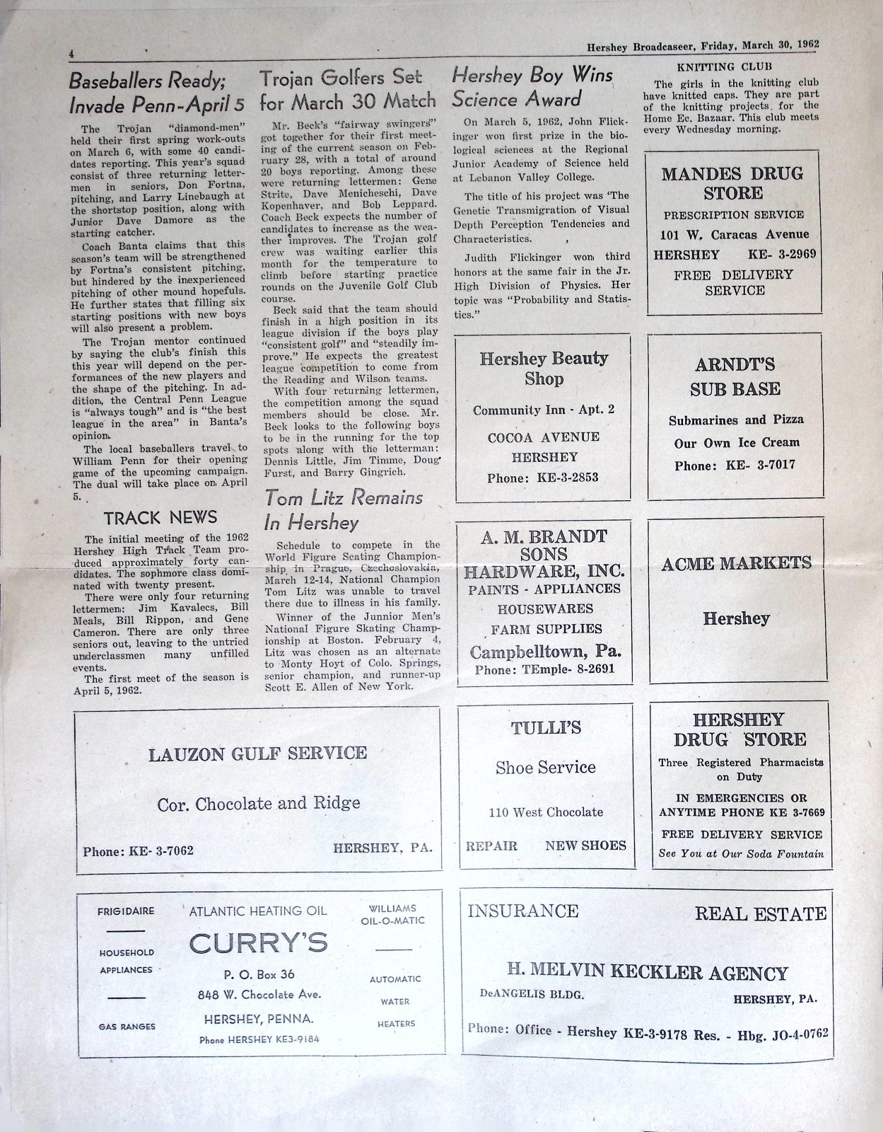 1962 Hershey Broadcaster Newspaper M S Hershey High School Mar 30 Sports Band