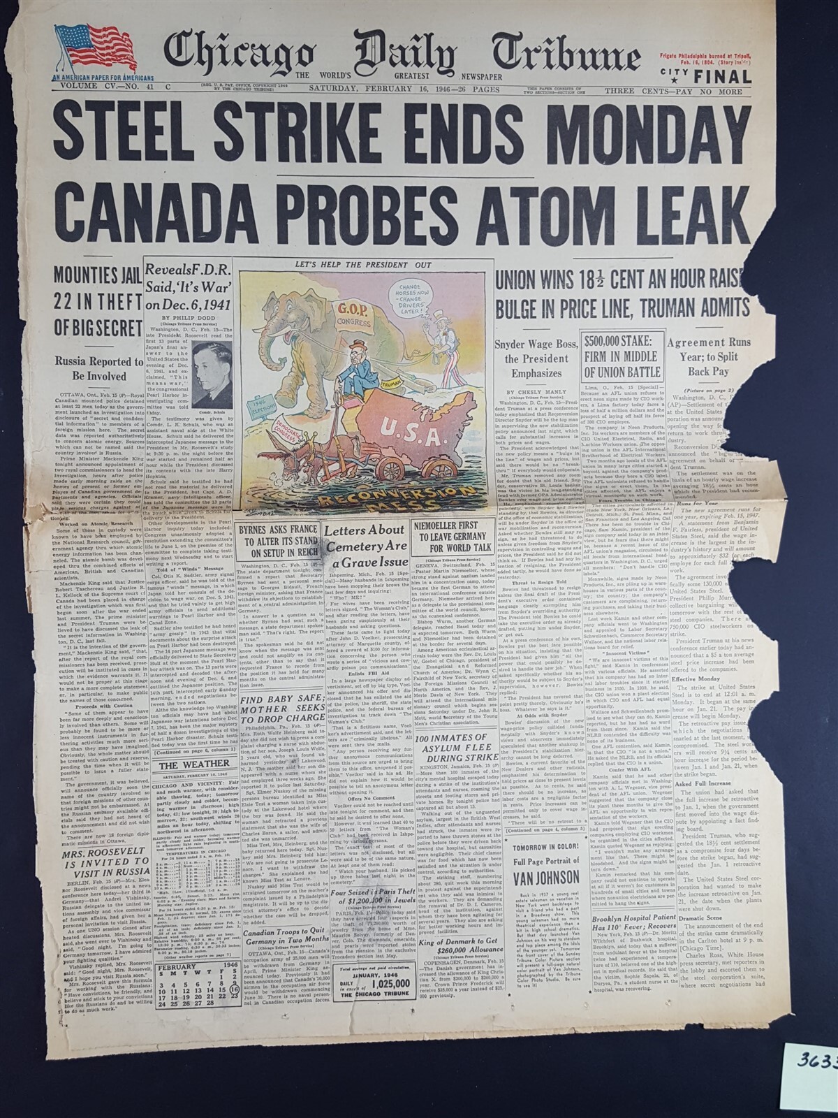 Steel Strike Ends Monday 1946 Old Newspaper Chicago Tribune Feb 16