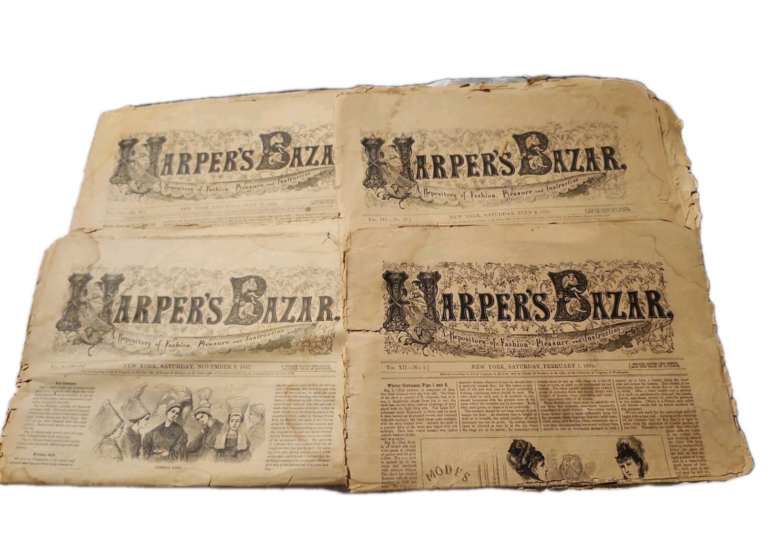 Antique Harper’s Bazar Newspaper Jul 1870, Nov 1867, Feb 1879, July 1870 As Is
