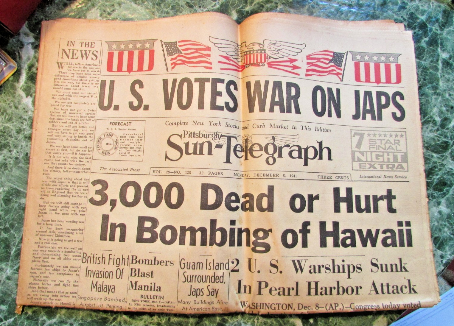 December 8, 1941 – U. S. VOTES WAR ON JAPS – Pittsburgh Sun-Telegraph
