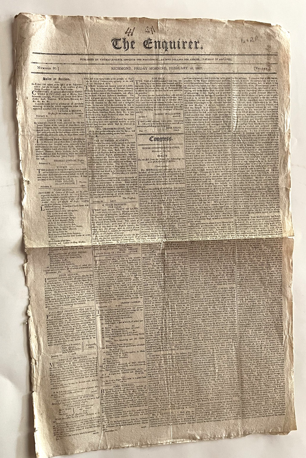 COLONIAL NEWSPAPER THE ENQUIRER HABEAS CORPUS DEBATE 1807