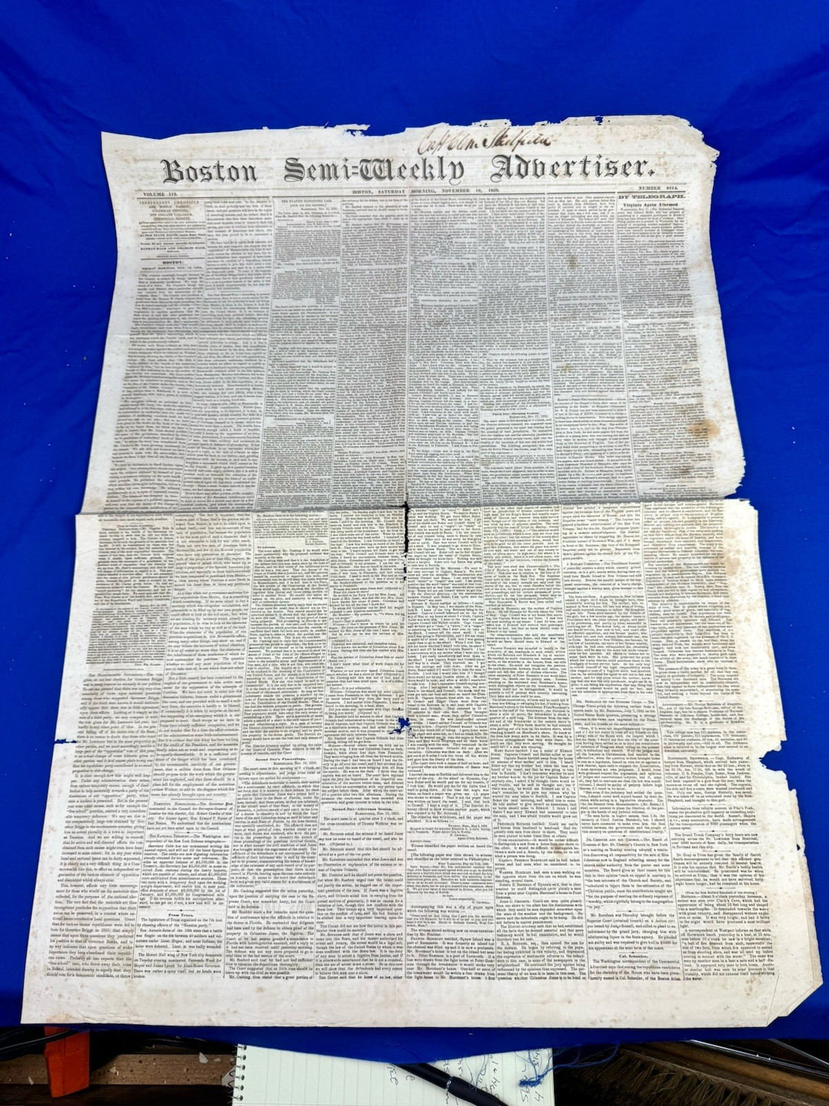 11/19/1859 Boston Semi-Weekly Advertiser Newspaper – JOHN BROWN, Harper’s Ferry