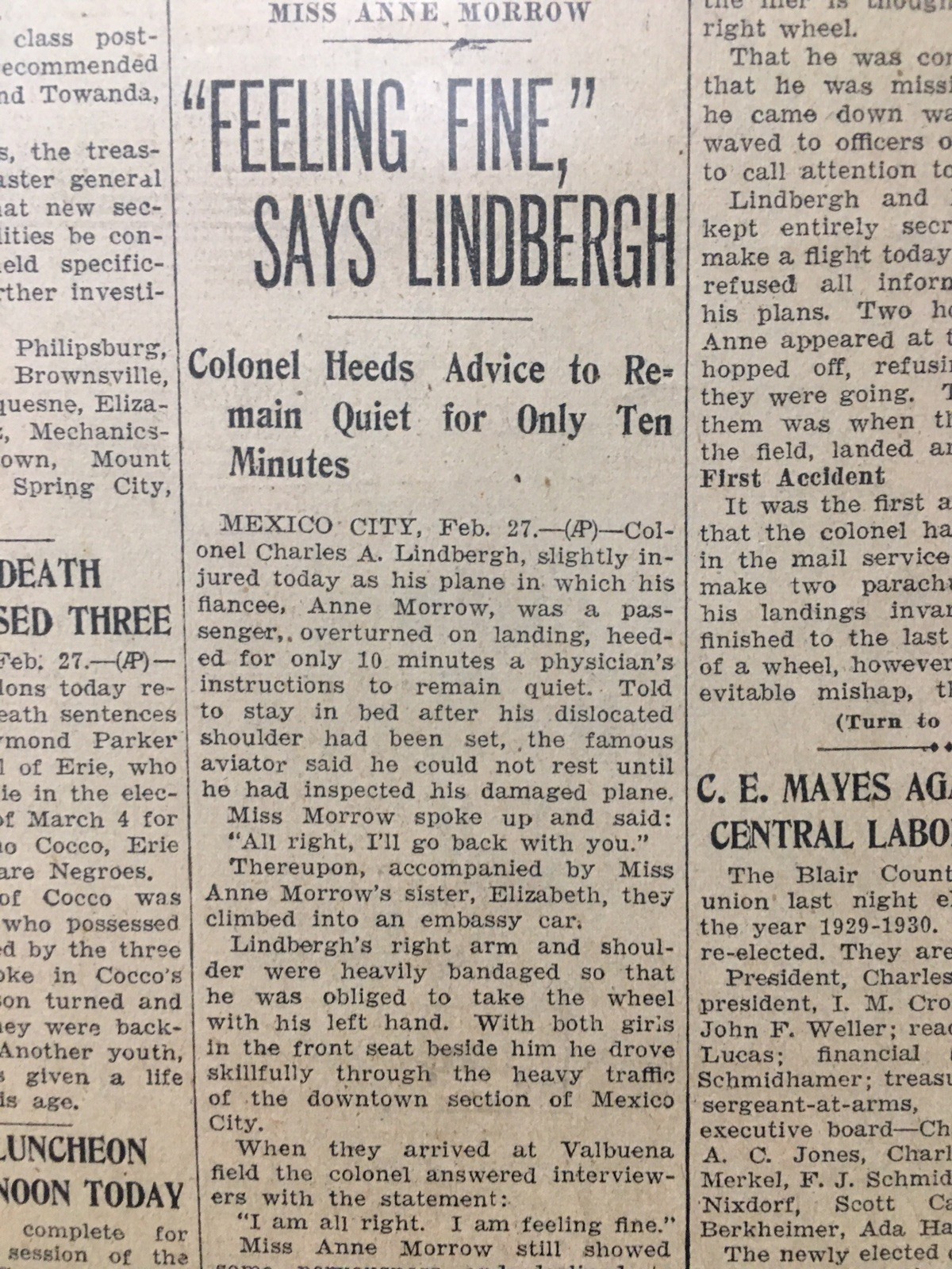 Charles Lindbergh Crash Plane 1929 Altoona PA Newspaper