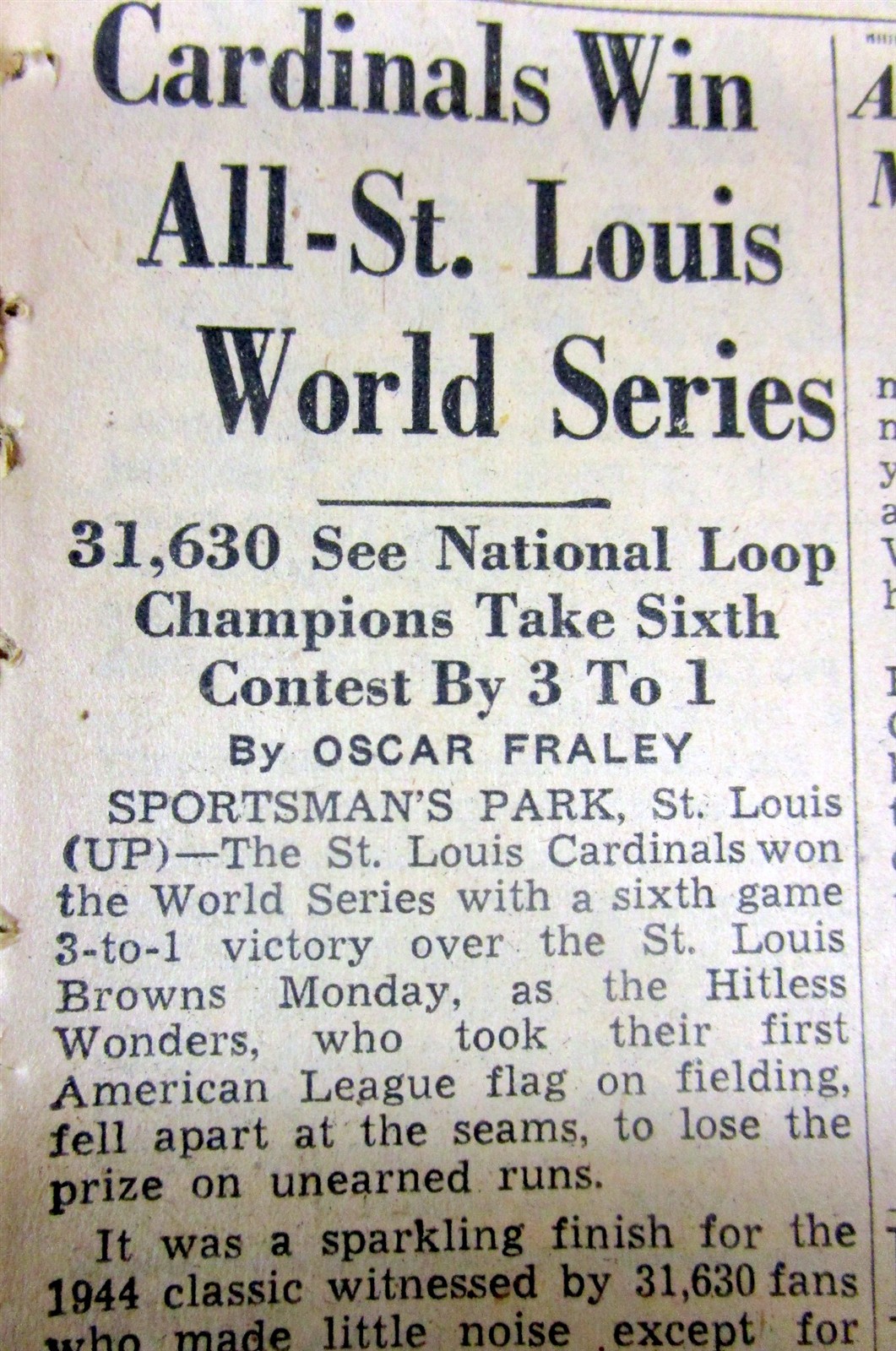7 1944 newspapers ST LOUIS CARDINALS win BASEBALL WORLD SERIES v ST LOUIS BROWNS