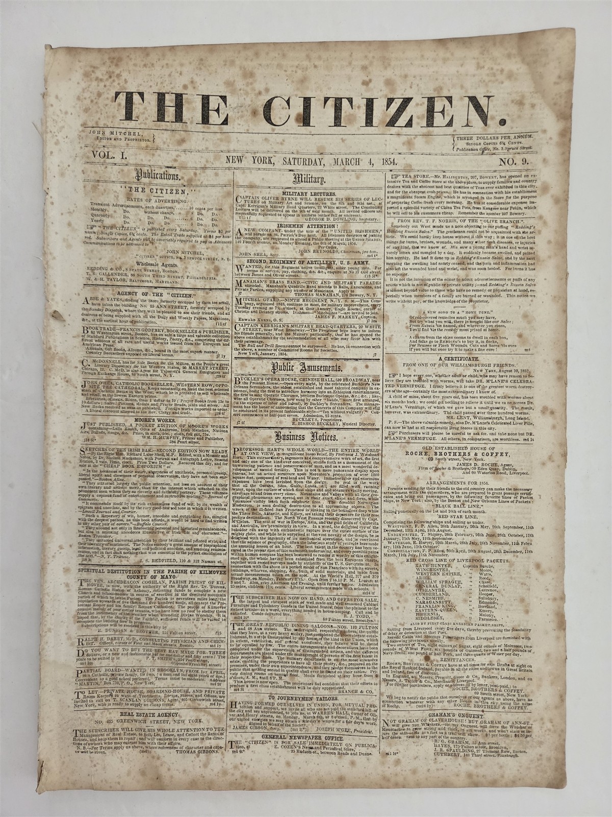 1854 antique THE CITIZEN NEWSPAPER ny JOHN MITCHEL SLAVERY KANSAS INDIANS