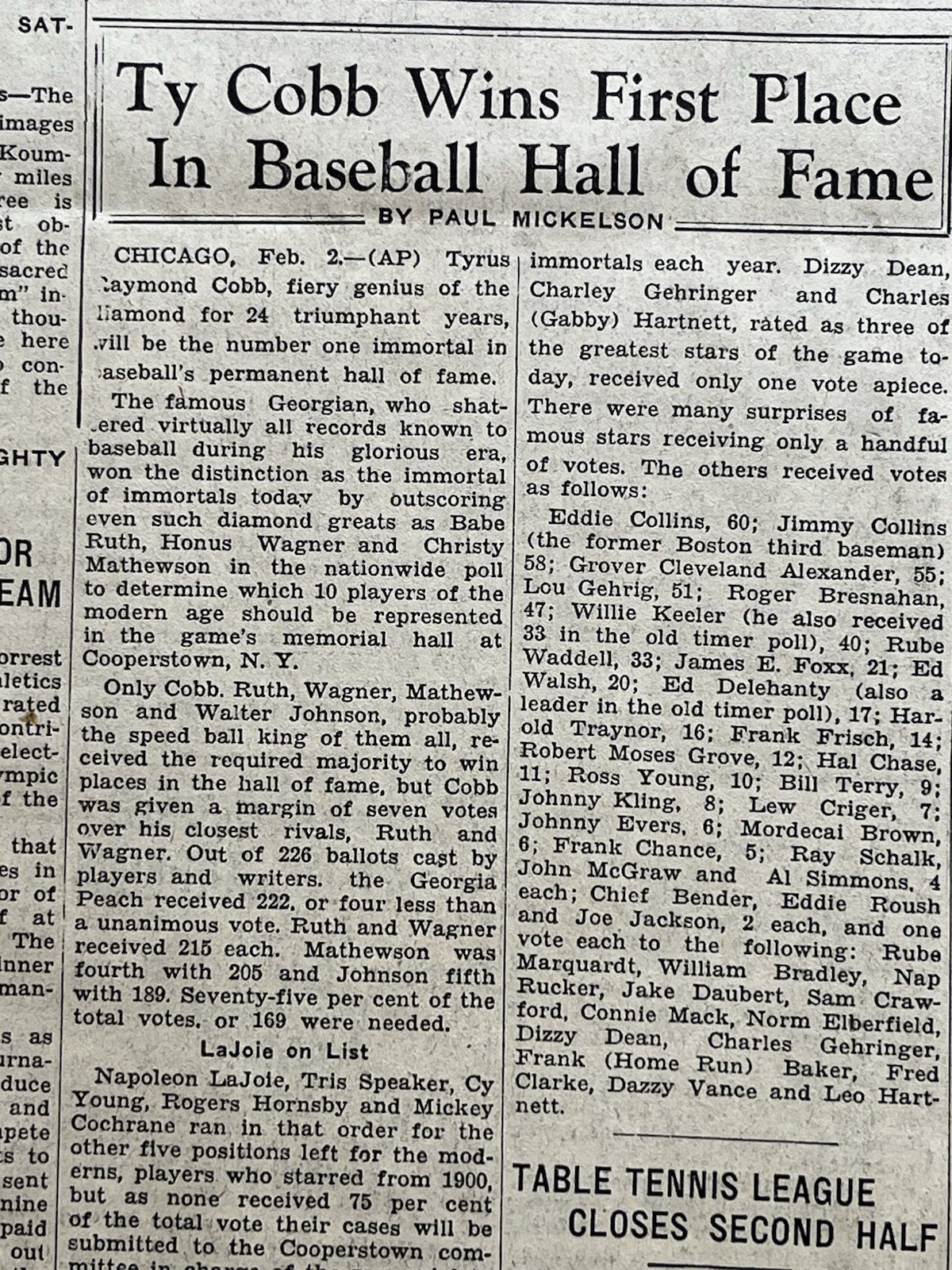 1936 newspaper BABE RUTH Christy Mathewson TY COBB Elected BASEBALL HALL of FAME
