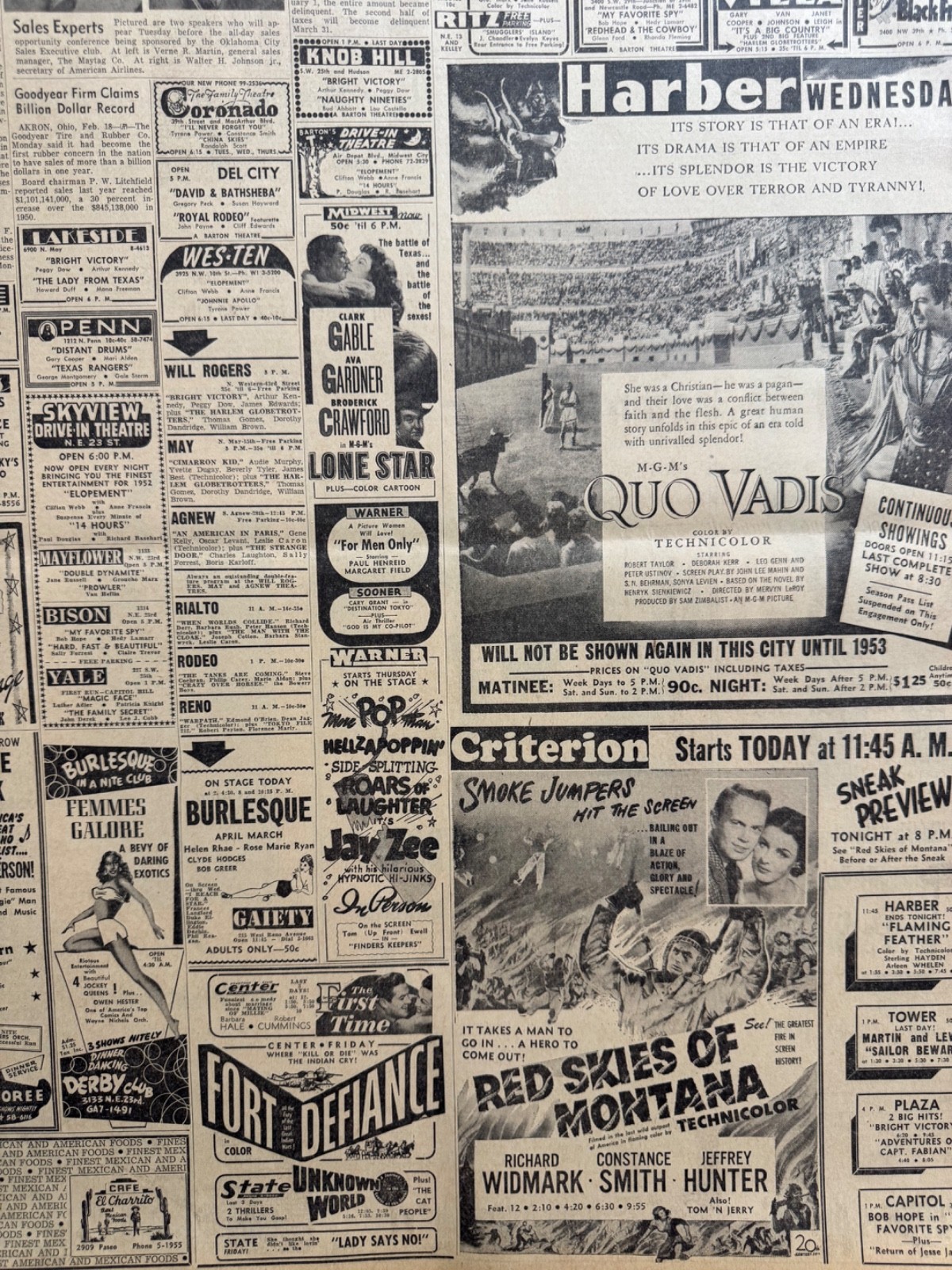 VINTAGE MOVIE ADS 30 NEWSPAPER PAGES OKLA. CITY CA. 1956, GROUP # 5