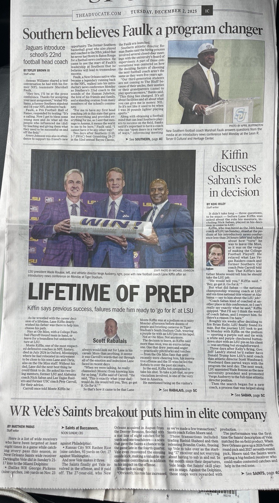 Lane Kiffin LSU New Coach THE ADVOCATE Newspaper Baton Rouge La Edition 12/2/25